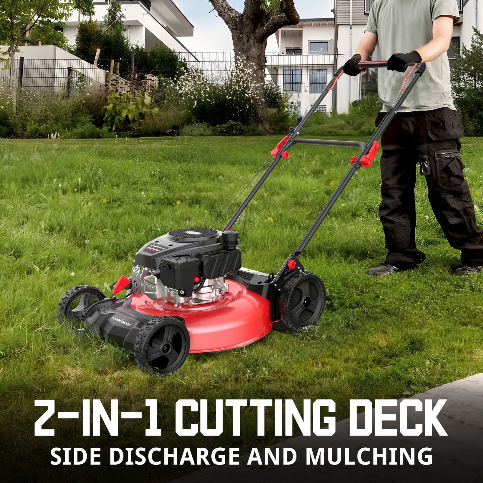 PowerSmart Gas Lawn Mower, 21 inches 144cc 2-in-1 Walk-Behind , Side Discharge Push Lawn Mower