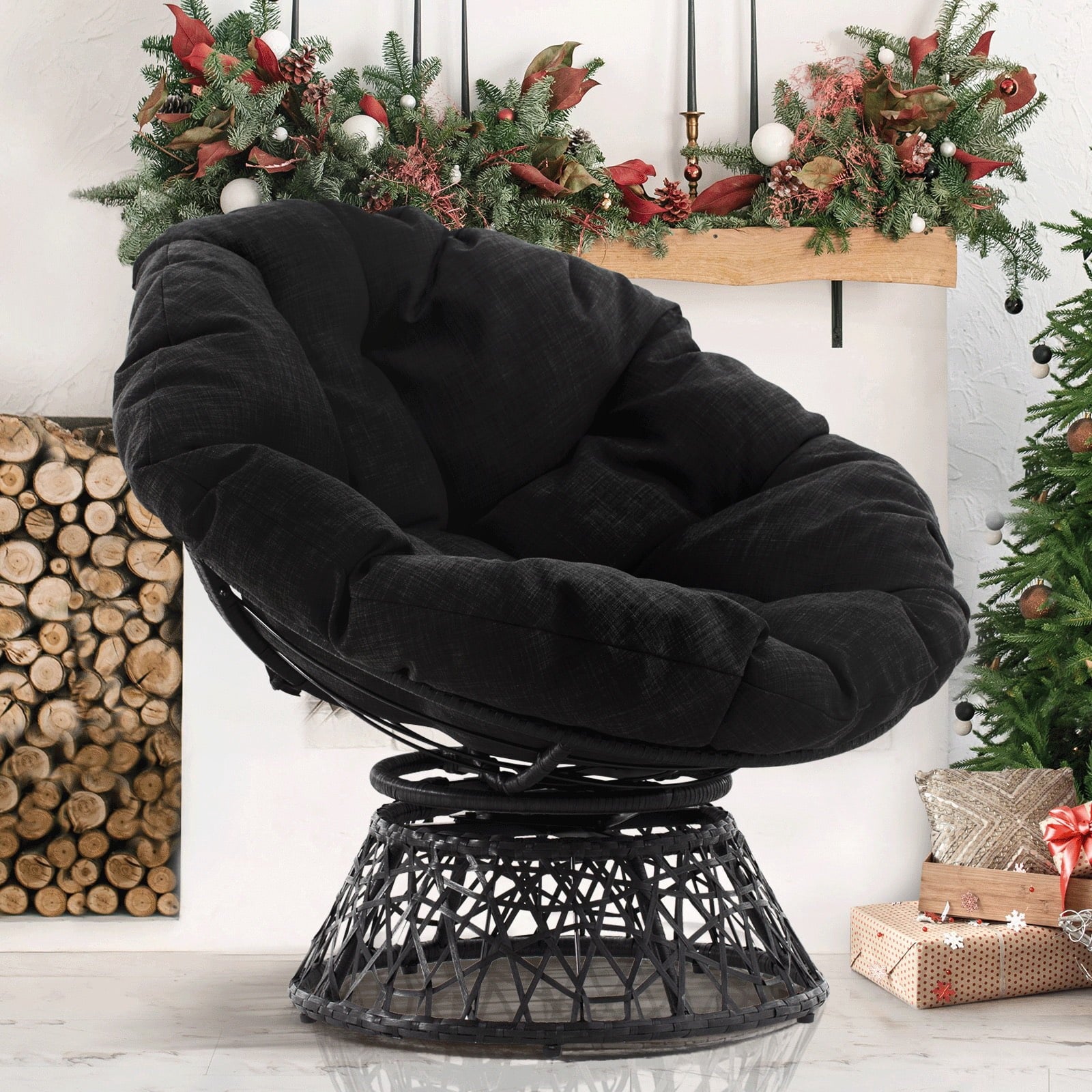Bme 360 Swivel Comfy Papasan Chair with Fabric Cushion, Sturdy Metal Frame (Cream Vanilla - Black Frame)