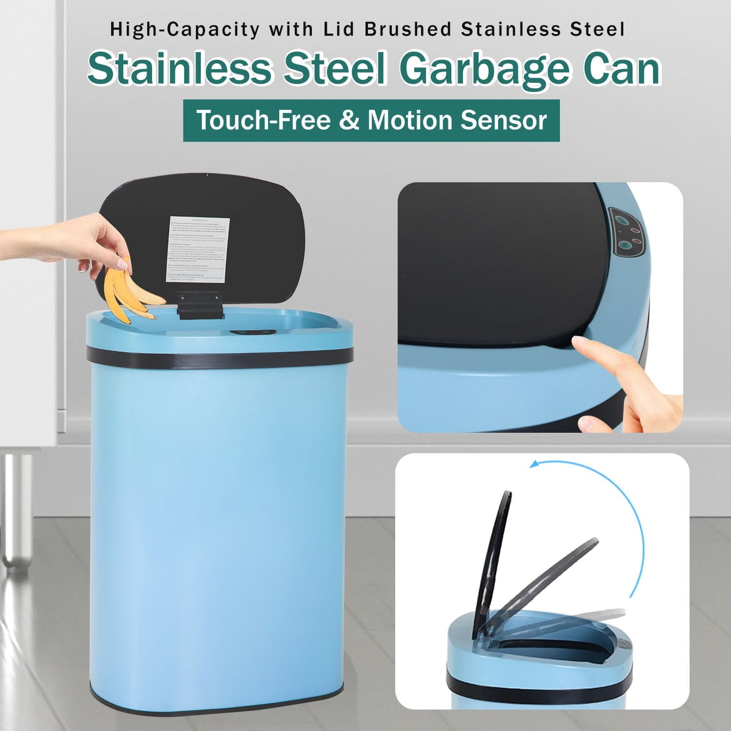 BestOffice Touch Free Sensor Stainless Steel Trash Can, 13 Gallon