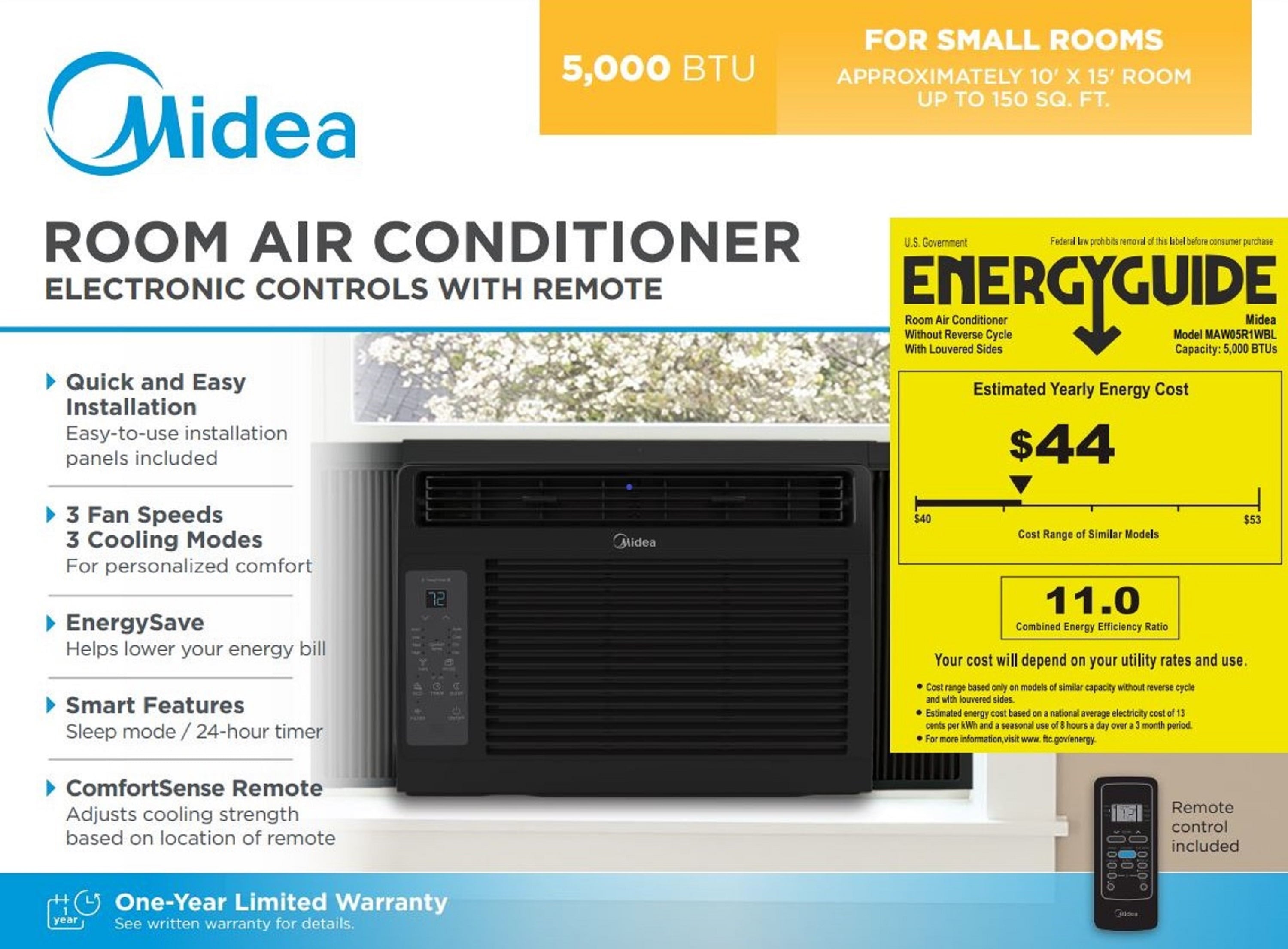 Midea 5,000 BTU 115V Window Air Conditioner with ComfortSense Remote, Black, MAW05R1WBL
