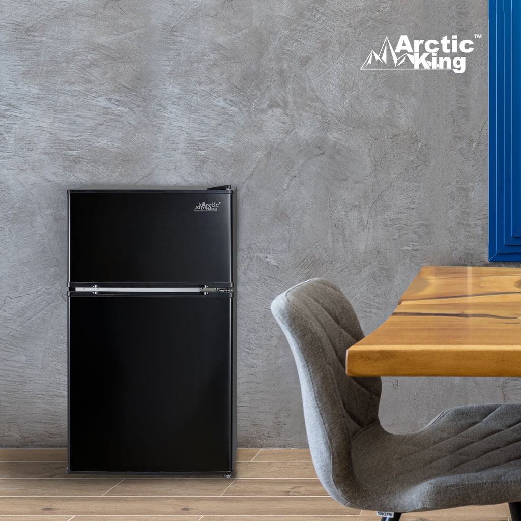 Arctic King 3.2 Cu ft Two Door Mini Fridge with Freezer, Stainless Steel, E-Star, ARM32D5ASL