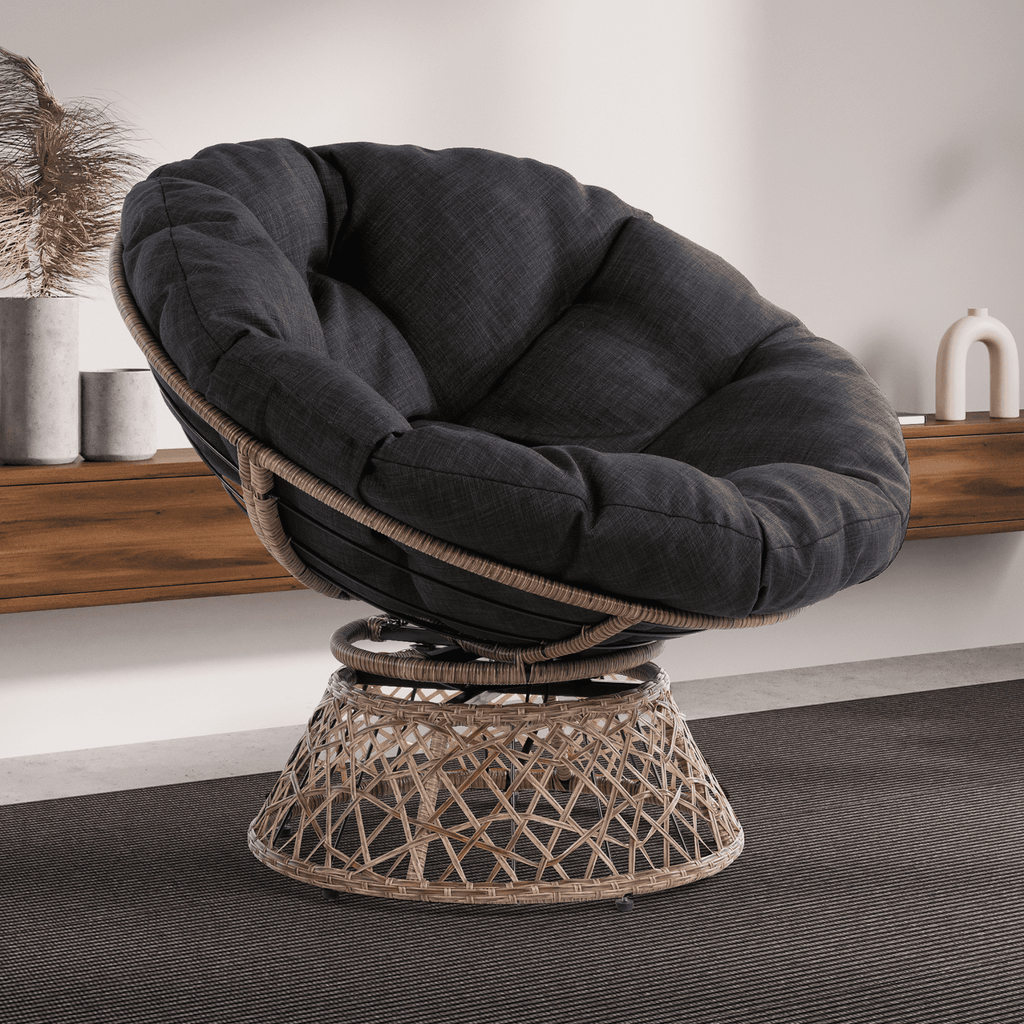 Bme 360 Swivel Comfy Papasan Chair with Fabric Cushion, Sturdy Metal Frame (Cream Vanilla - Black Frame)