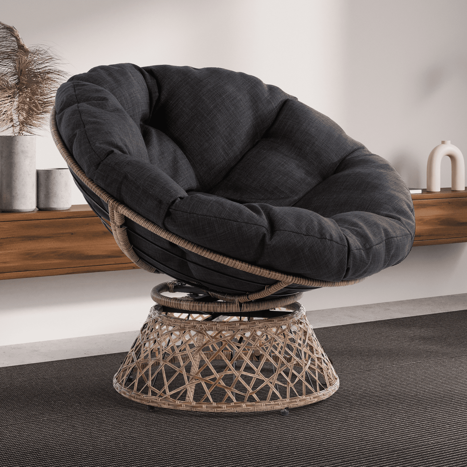 Bme 360 Swivel Comfy Papasan Chair with Fabric Cushion, Sturdy Metal Frame (Cream Vanilla - Black Frame)