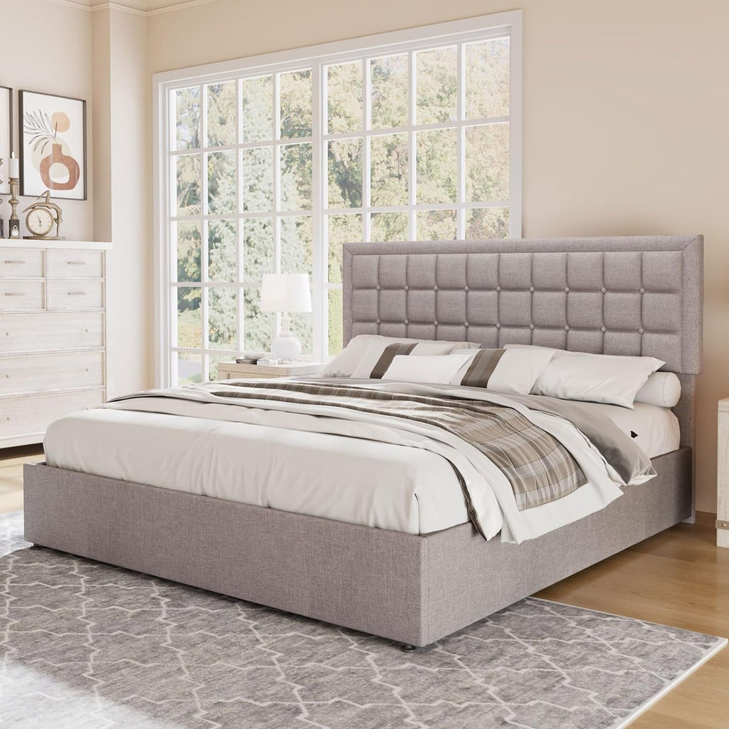 Jocisland King Size Lift Up Storage Bed Frame, Upholstered Platform Bed Frame Button Tufted Headboard/White