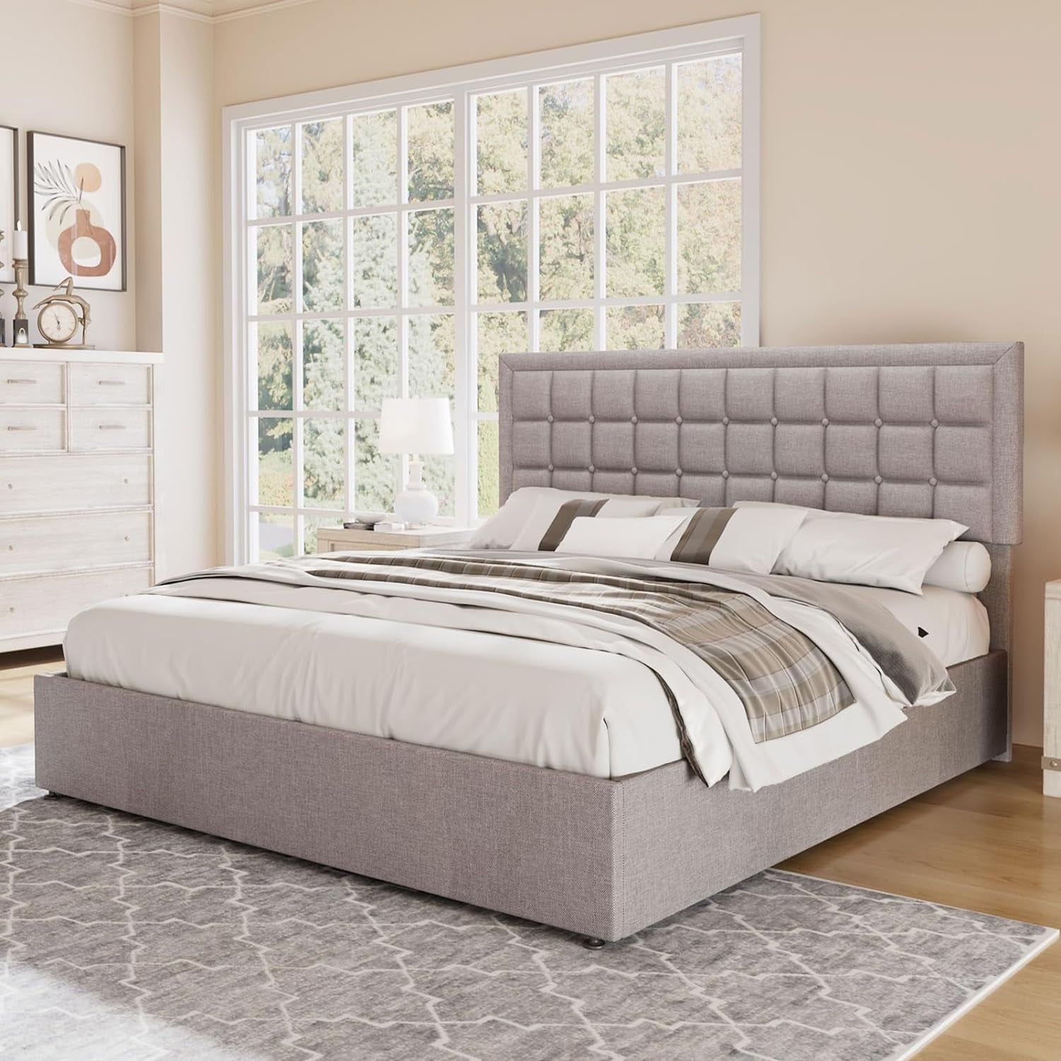 Jocisland King Size Lift Up Storage Bed Frame, Upholstered Platform Bed Frame Button Tufted Headboard/White