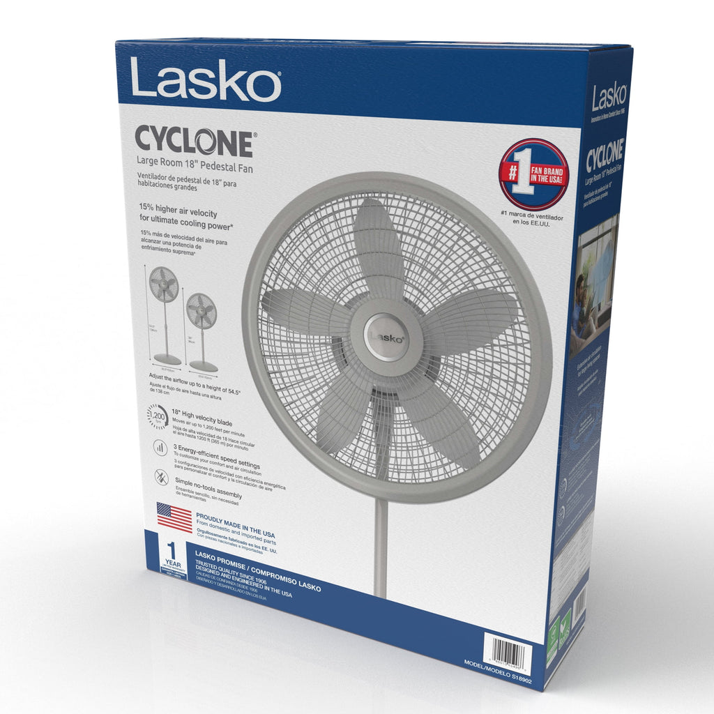 Lasko Cyclone 18" Adjustable Large Room Pedestal Fan, 3 Speeds, 54.5" H, Gray, S18902, New