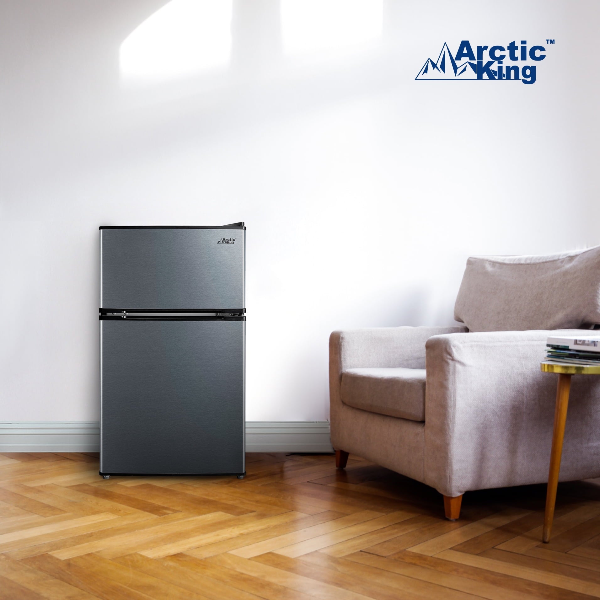 Arctic King 3.2 Cu ft Two Door Compact Refrigerator with Freezer, Stainless Steel, E-star
