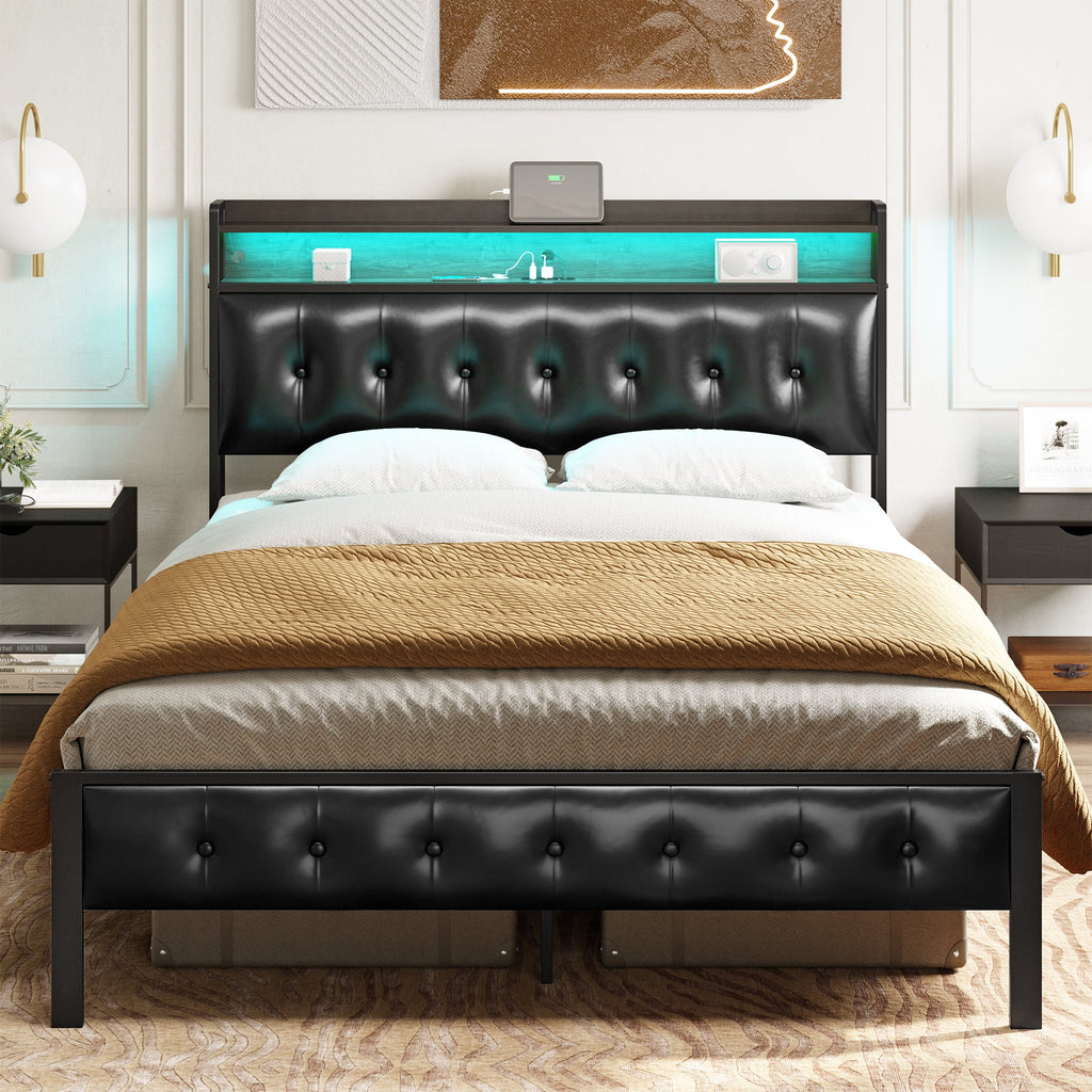 GUNAITO Queen Bed Frame with Storage Headboard Upholstered Platform Bed with LED Lights USB Ports & Outlets Black