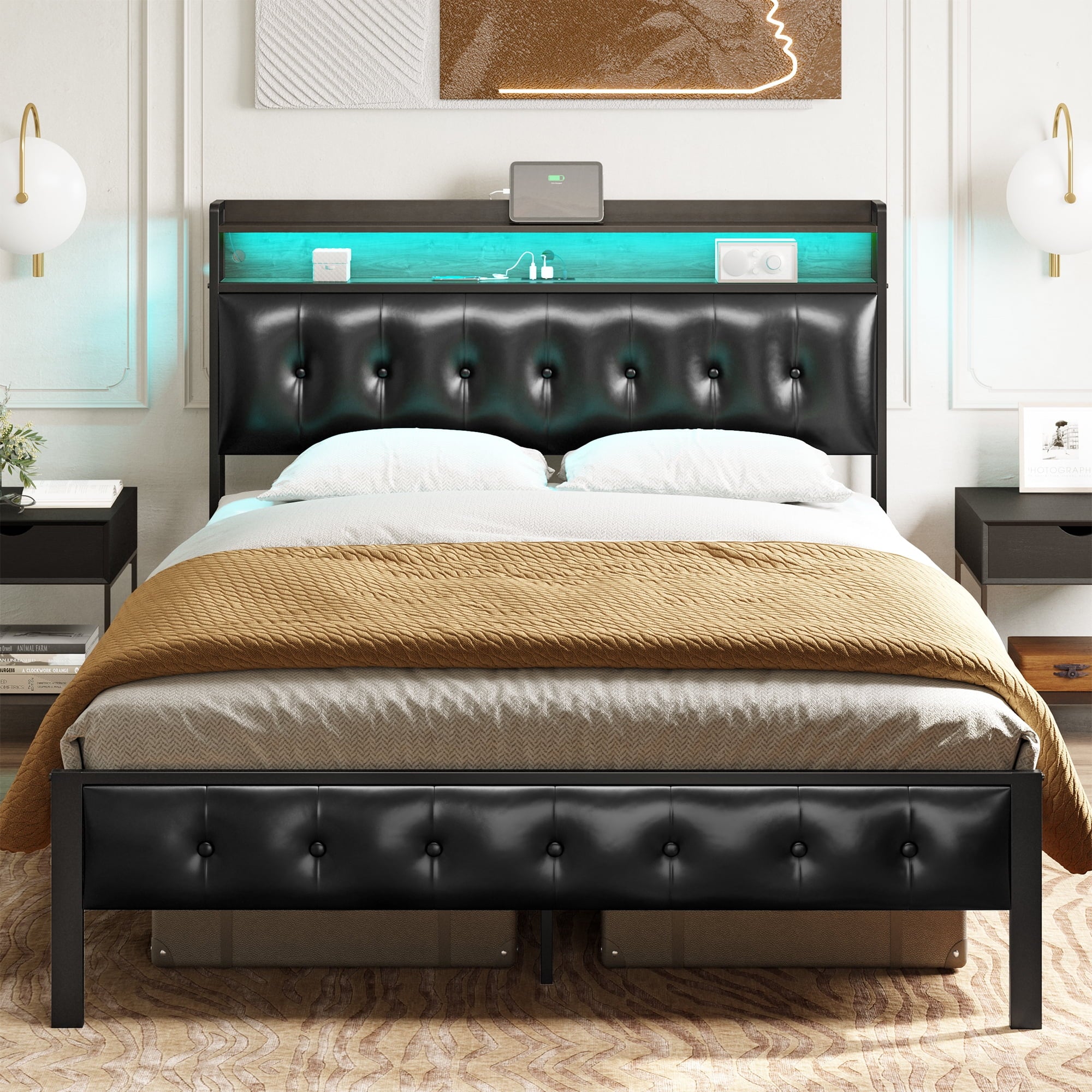 GUNAITO Queen Bed Frame with Storage Headboard Upholstered Platform Bed with LED Lights USB Ports & Outlets Black