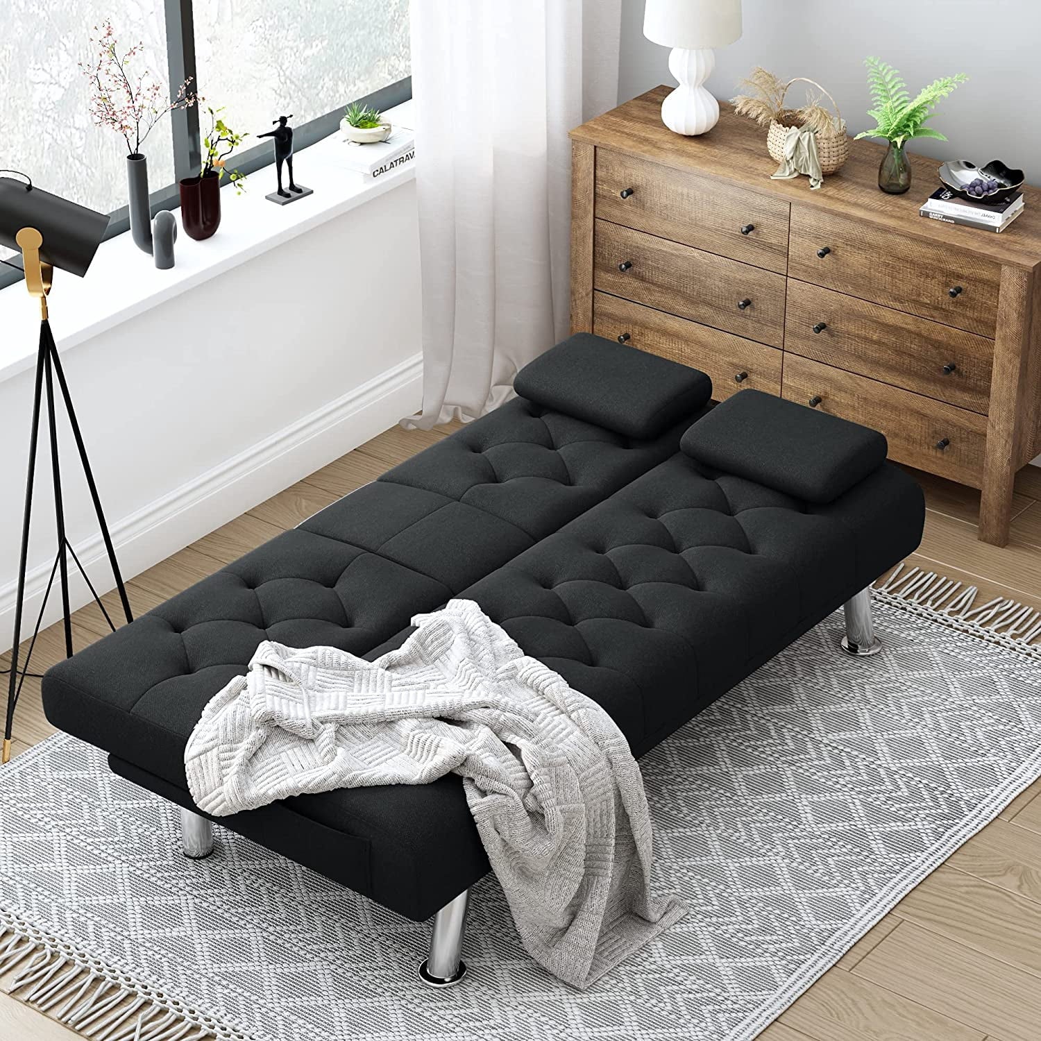 Homfa Convertible Futon Sofa Bed, 66.3'' Upholstered Removable Armrests,Gray Finish