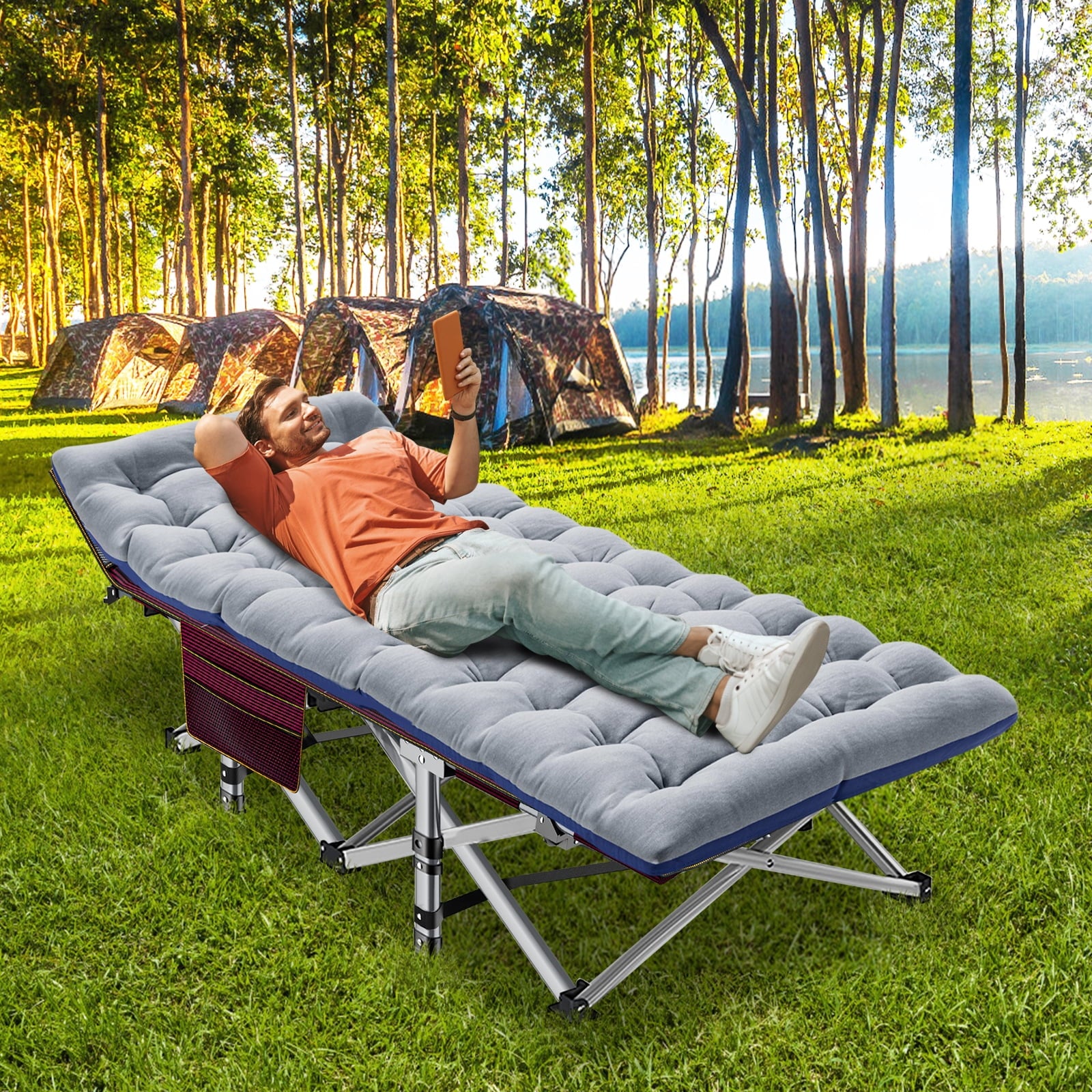 MOPHOTO 75" Portable Folding Bed for Adults, Rollaway Guest Bed Sleeping Cot with Mattress, Heavy Duty Outdoor Camping Cot with Carry Bag