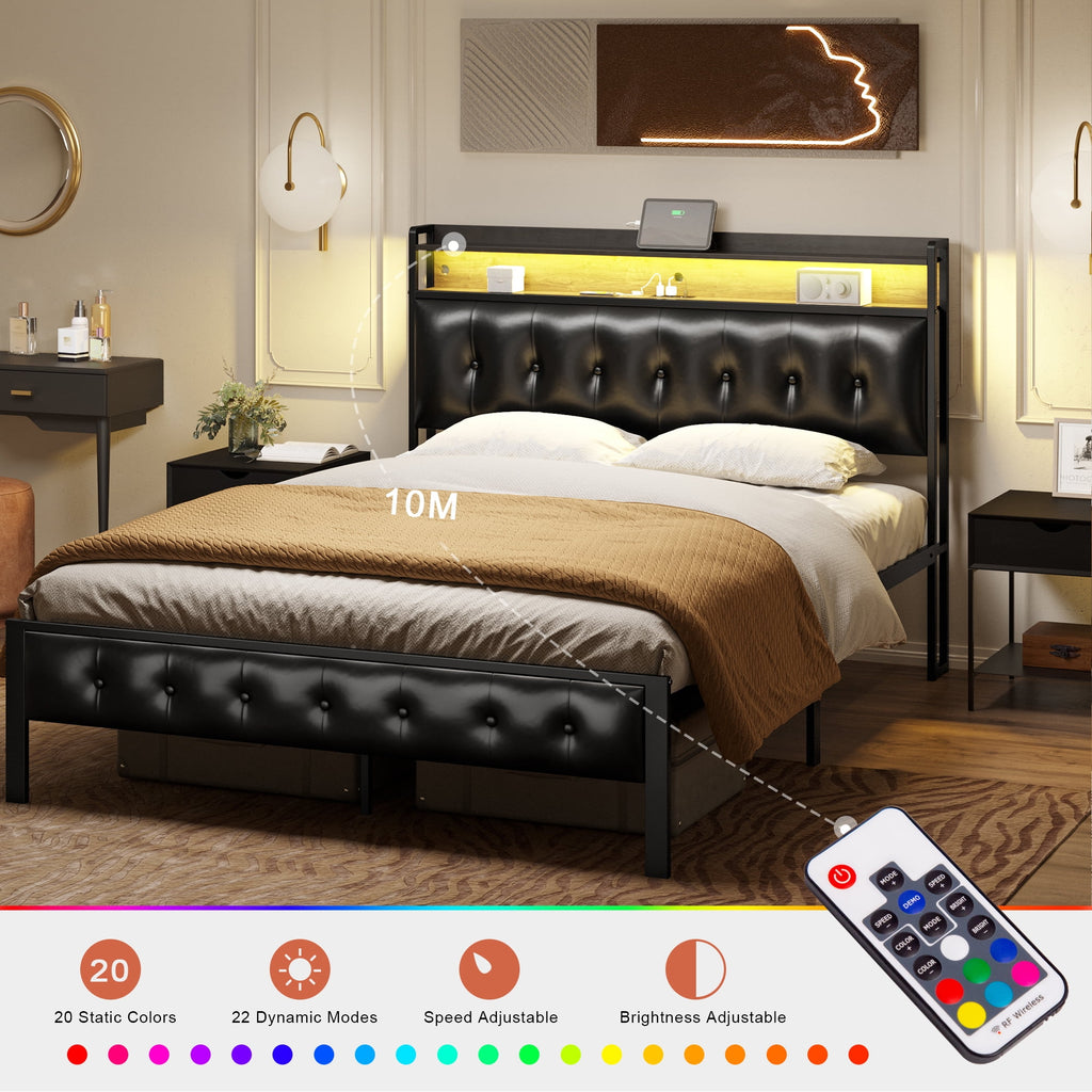 GUNAITO Queen Bed Frame with Storage Headboard Upholstered Platform Bed with LED Lights USB Ports & Outlets Black