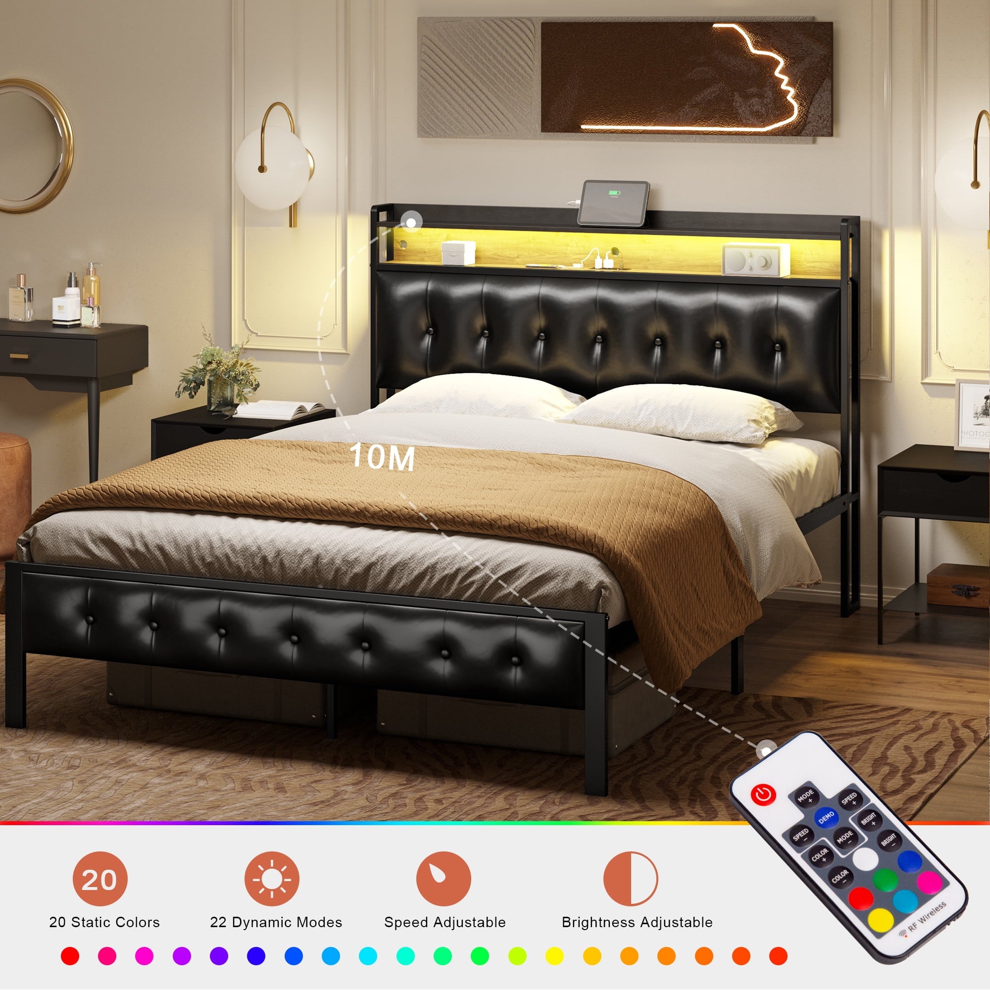 GUNAITO Queen Bed Frame with Storage Headboard Upholstered Platform Bed with LED Lights USB Ports & Outlets Black