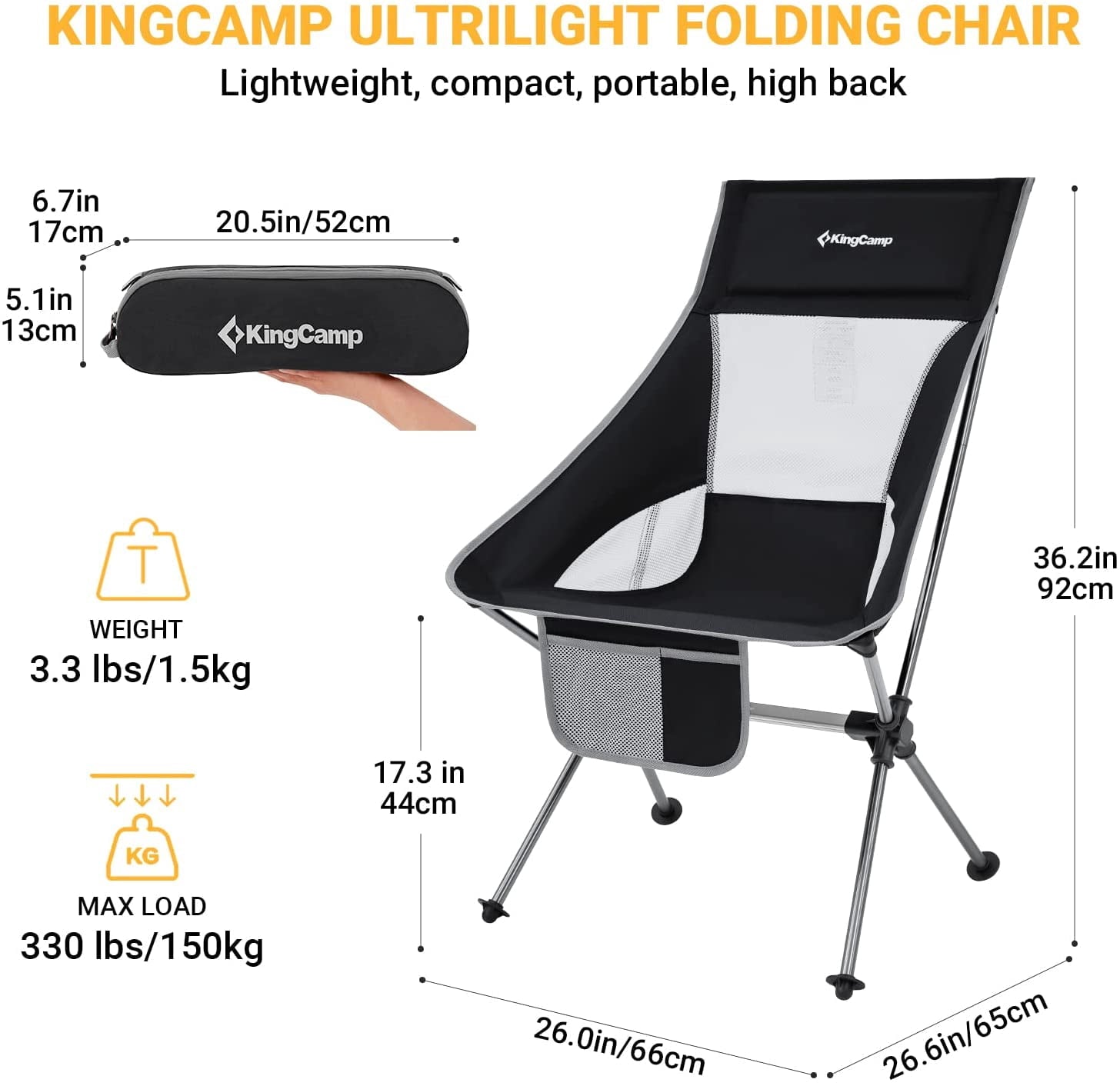 KingCamp 2 Pack High Back Camping Chairs Lightweight Extra Wide Folding Chairs with Carry Bag Black for Adult