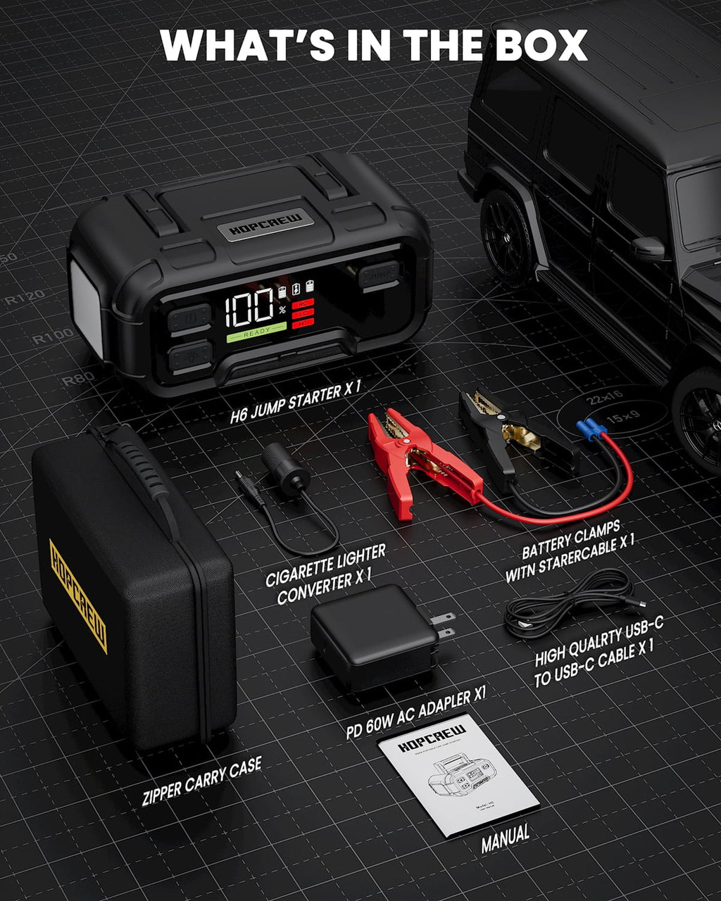 HOPCREW 6000A Battery Jump Starter, 32000mAh Car Battery Jump Starter with LED Display for All Gas or  12L Diesel, 12V Jump Box with Battery Booster with Built-in LED Light