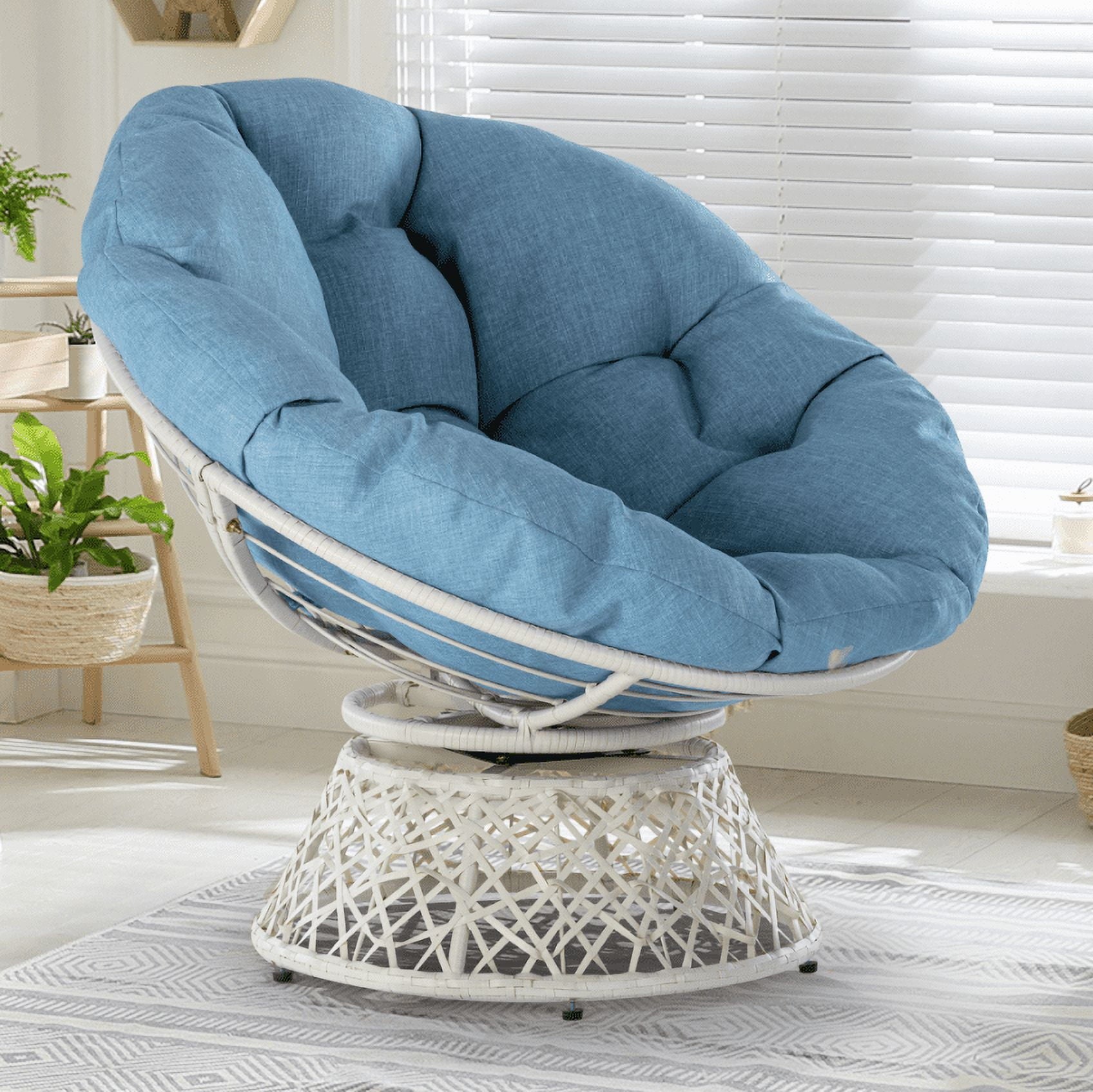 Bme 360 Swivel Comfy Papasan Chair with Fabric Cushion, Sturdy Metal Frame (Cream Vanilla - Black Frame)