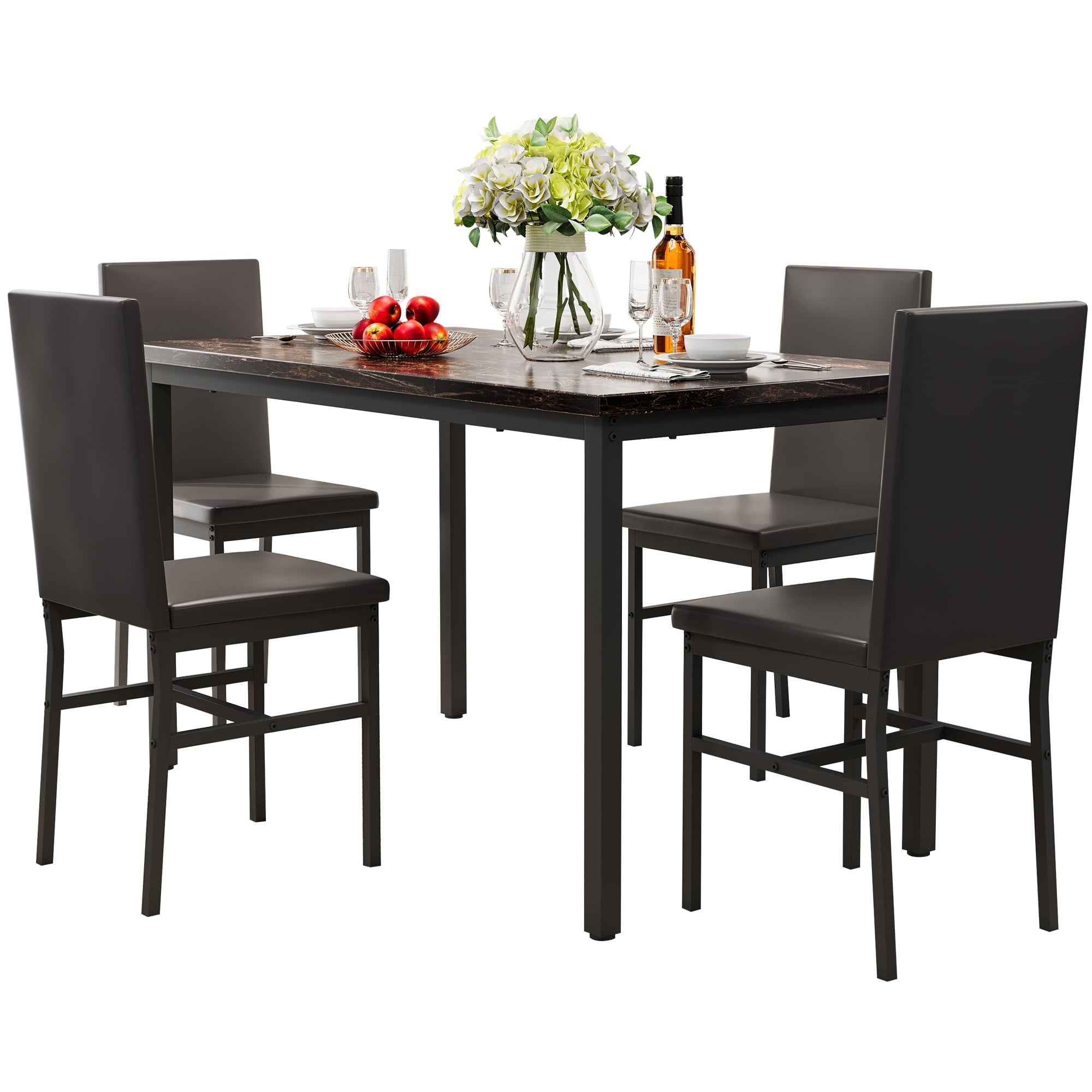 PAPROOS Dining Table Set for 4, Modern 5-Piece Kitchen Table Set with Faux Marble Top and Velvet Upholstery Chairs, Heavy Duty Dinette Sets for Breakfast Nook, Dining Room Table and Chairs, Gray