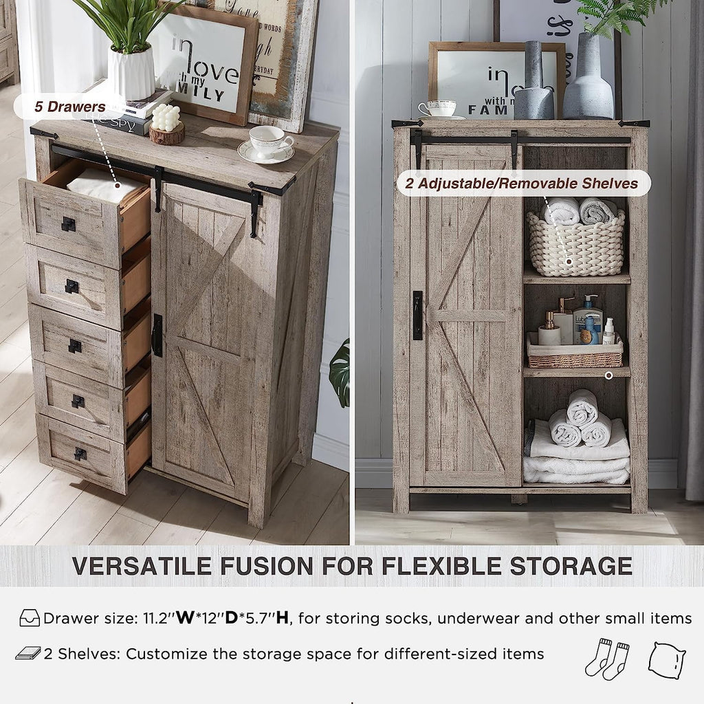 OKD Modern Farmhouse 5-Drawer Dresser with Barn Door, Adjustable Storage Cabinet for Bedroom Living Room, Light Rustic Oak