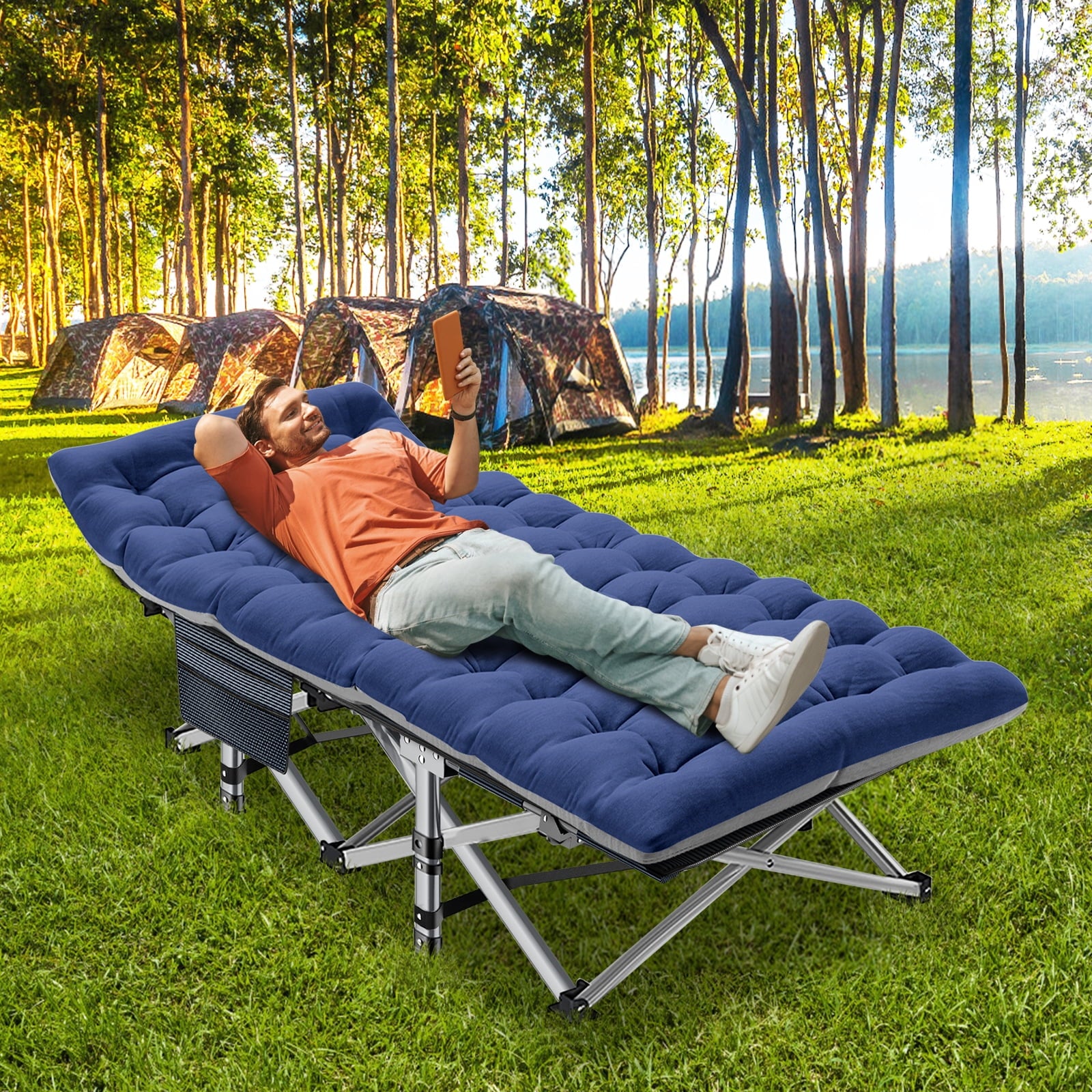 MOPHOTO 75" Portable Folding Bed for Adults, Rollaway Guest Bed Sleeping Cot with Mattress, Heavy Duty Outdoor Camping Cot with Carry Bag
