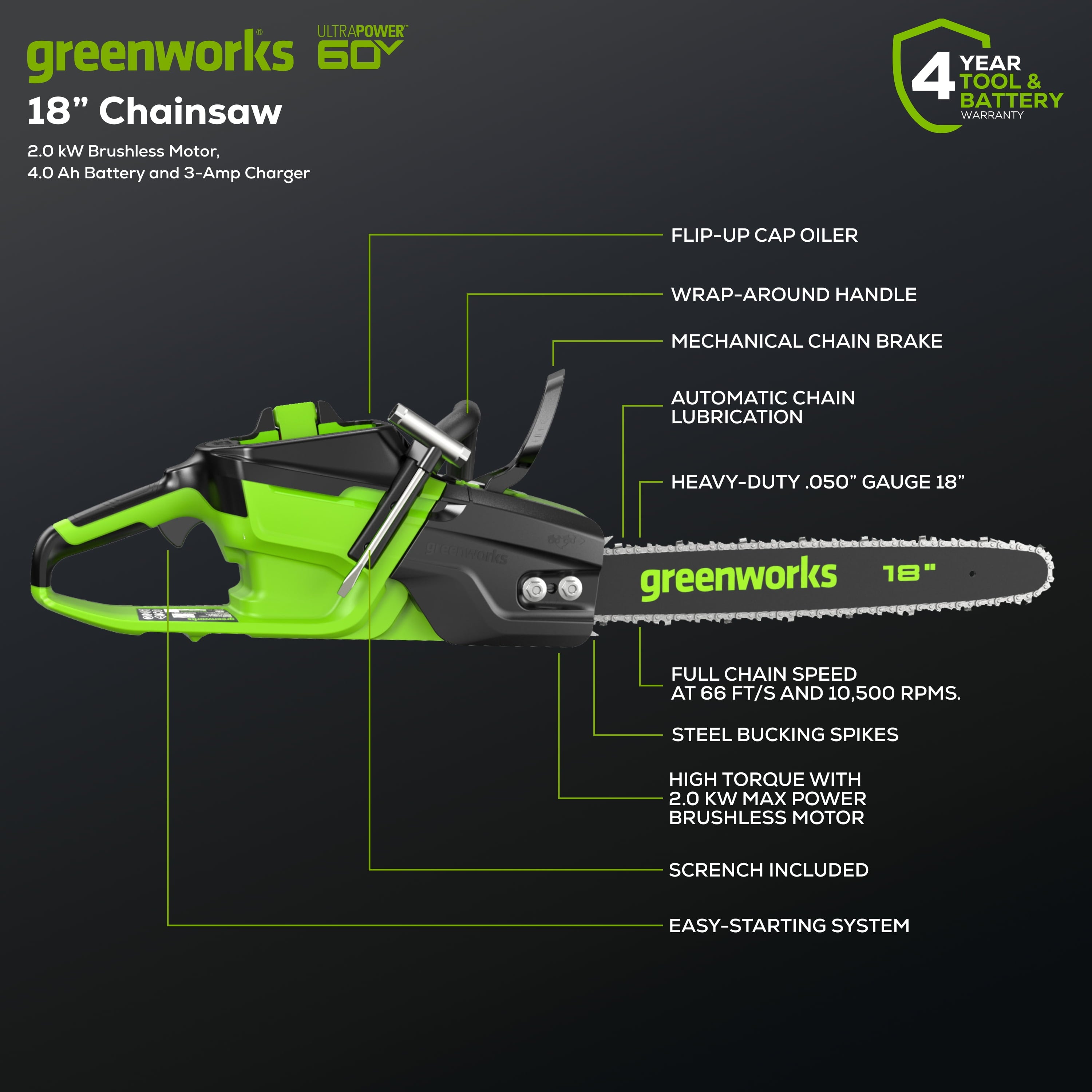 Greenworks 60V 18" 2.0kW Brushless Chainsaw with 4.0 Ah Battery & 3 Amp Charger 2028502