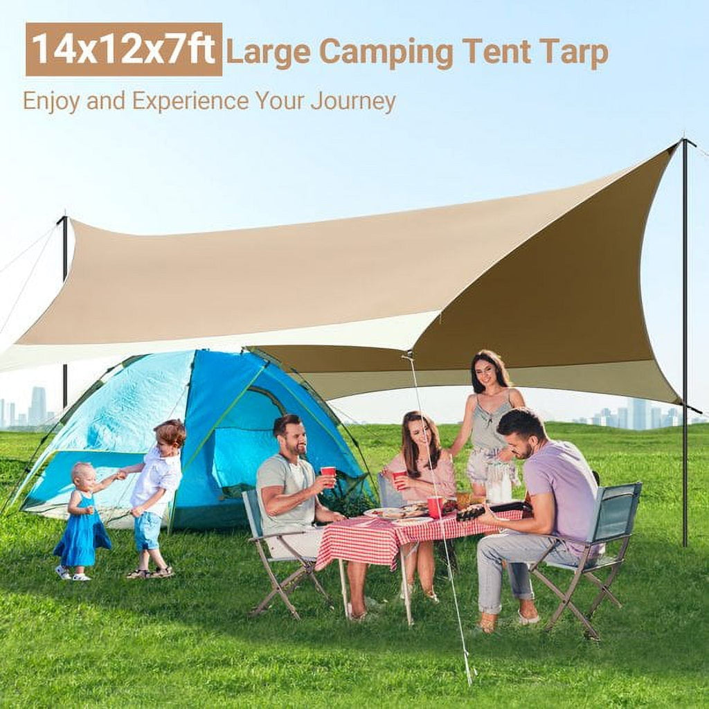 SANOPY 12 x 14ft Camping Tent Tarp Waterproof Tents UPF 50+ Hammock Rain Fly Beach Canopy with 2 Poles Outdoor Accessories Tents Shelter for Backpacking, Hiking, Traveling,Blue