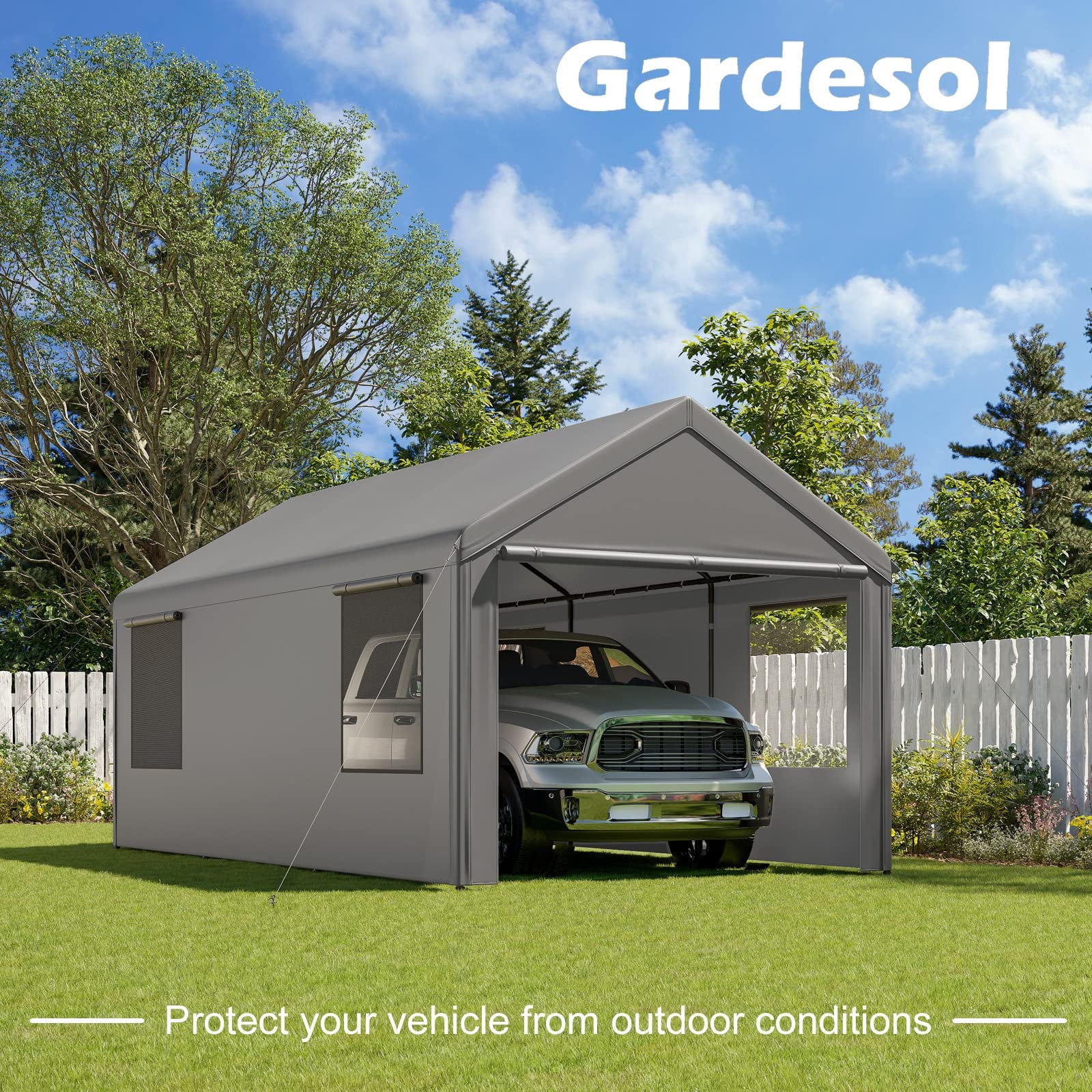 Gardesol Carport, 12'x20' Extra Large Heavy Duty Carport with Removable Sidewalls & Doors, Portable Garage Car Canopy for Car, Truck, SUV, Beige