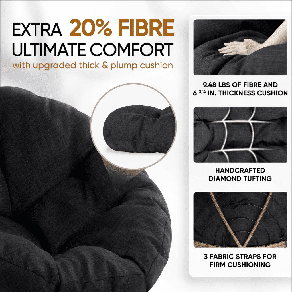 Bme 360 Swivel Comfy Papasan Chair with Fabric Cushion, Sturdy Metal Frame (Cream Vanilla - Black Frame)