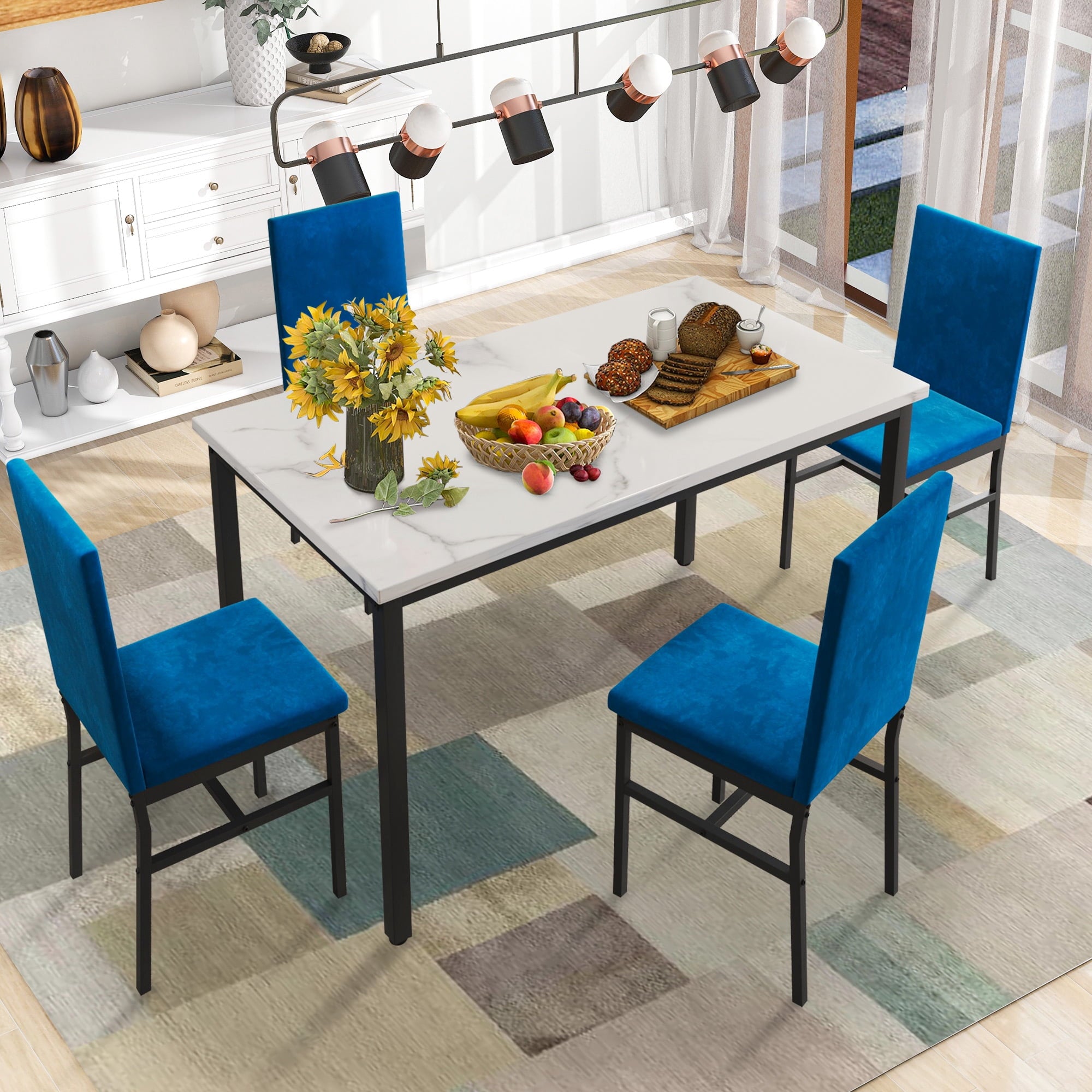PAPROOS Dining Table Set for 4, Modern 5-Piece Kitchen Table Set with Faux Marble Top and Velvet Upholstery Chairs, Heavy Duty Dinette Sets for Breakfast Nook, Dining Room Table and Chairs, Gray