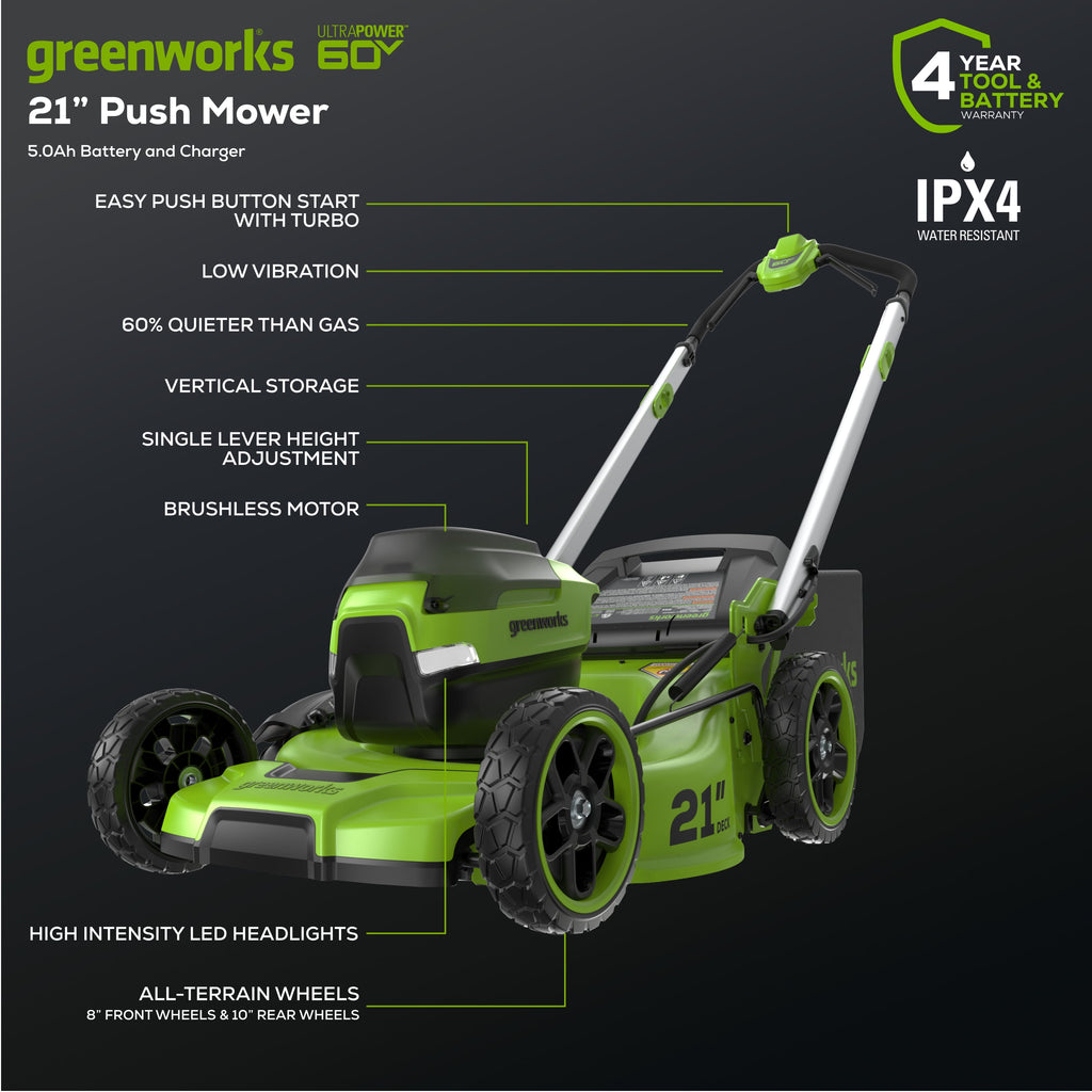 Greenworks 60V 21" Push Lawn Mower with 5.0 Ah Battery & Charger 2546502