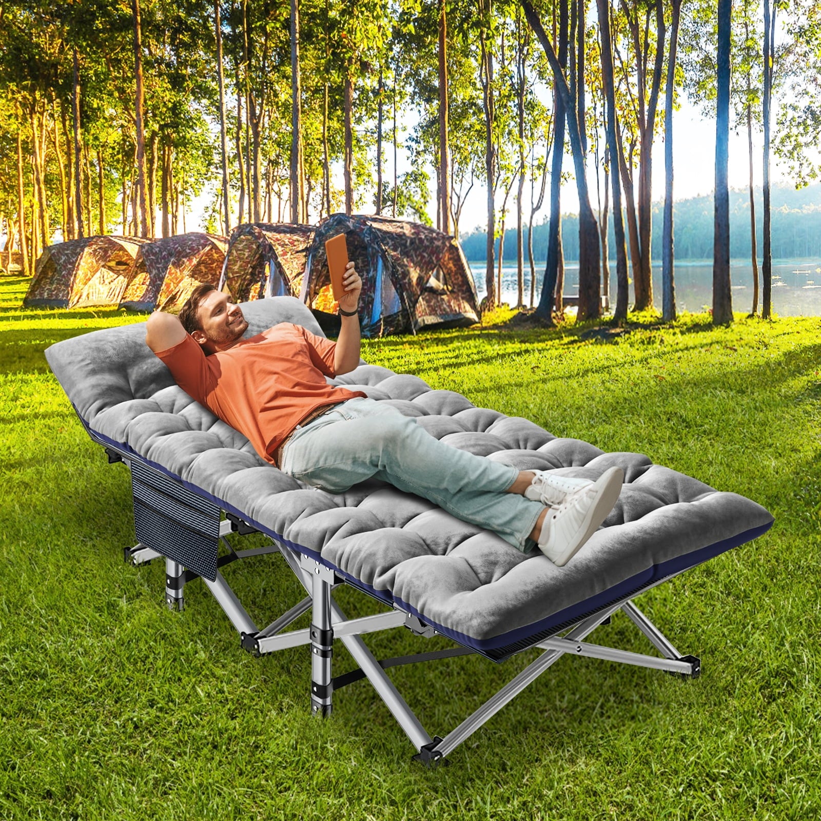 MOPHOTO 75" Portable Folding Bed for Adults, Rollaway Guest Bed Sleeping Cot with Mattress, Heavy Duty Outdoor Camping Cot with Carry Bag