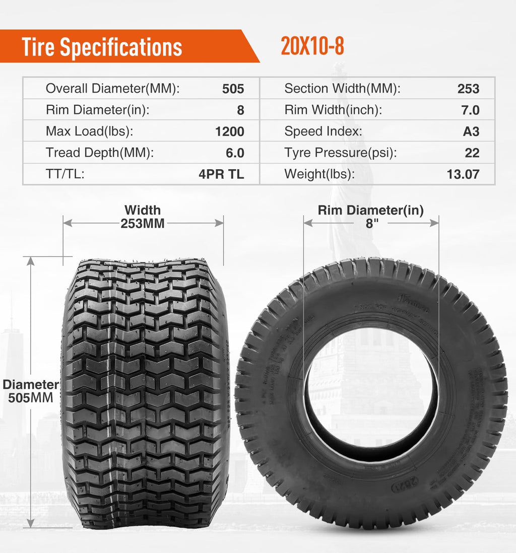 20x10.00-8 Lawn Mower Tires 4PR Heavy Duty 20x10x8 Garden Tractor Tubeless