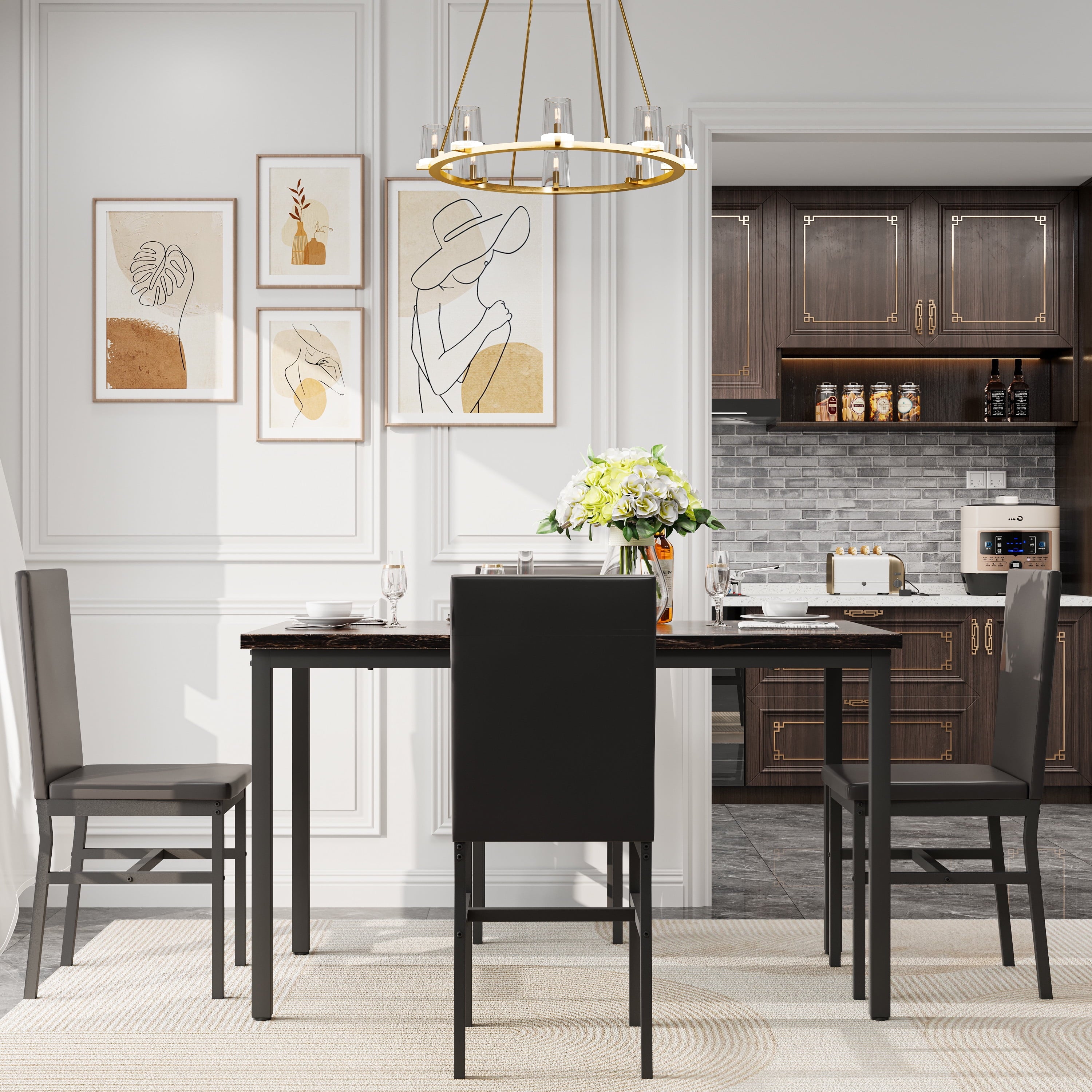 PAPROOS Dining Table Set for 4, Modern 5-Piece Kitchen Table Set with Faux Marble Top and Velvet Upholstery Chairs, Heavy Duty Dinette Sets for Breakfast Nook, Dining Room Table and Chairs, Gray