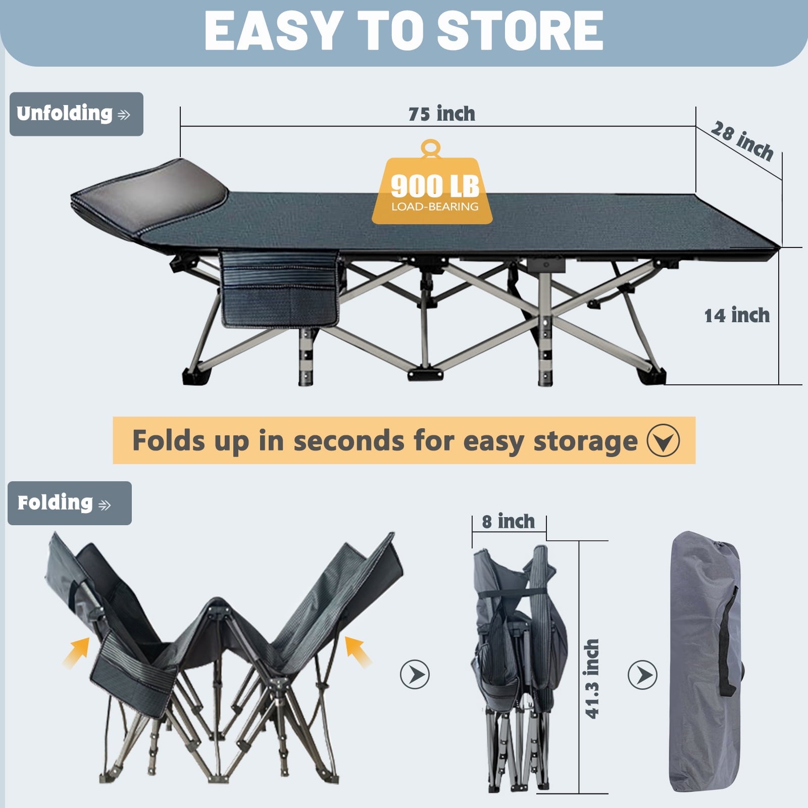 MOPHOTO 75" Portable Folding Bed for Adults, Rollaway Guest Bed Sleeping Cot with Mattress, Heavy Duty Outdoor Camping Cot with Carry Bag