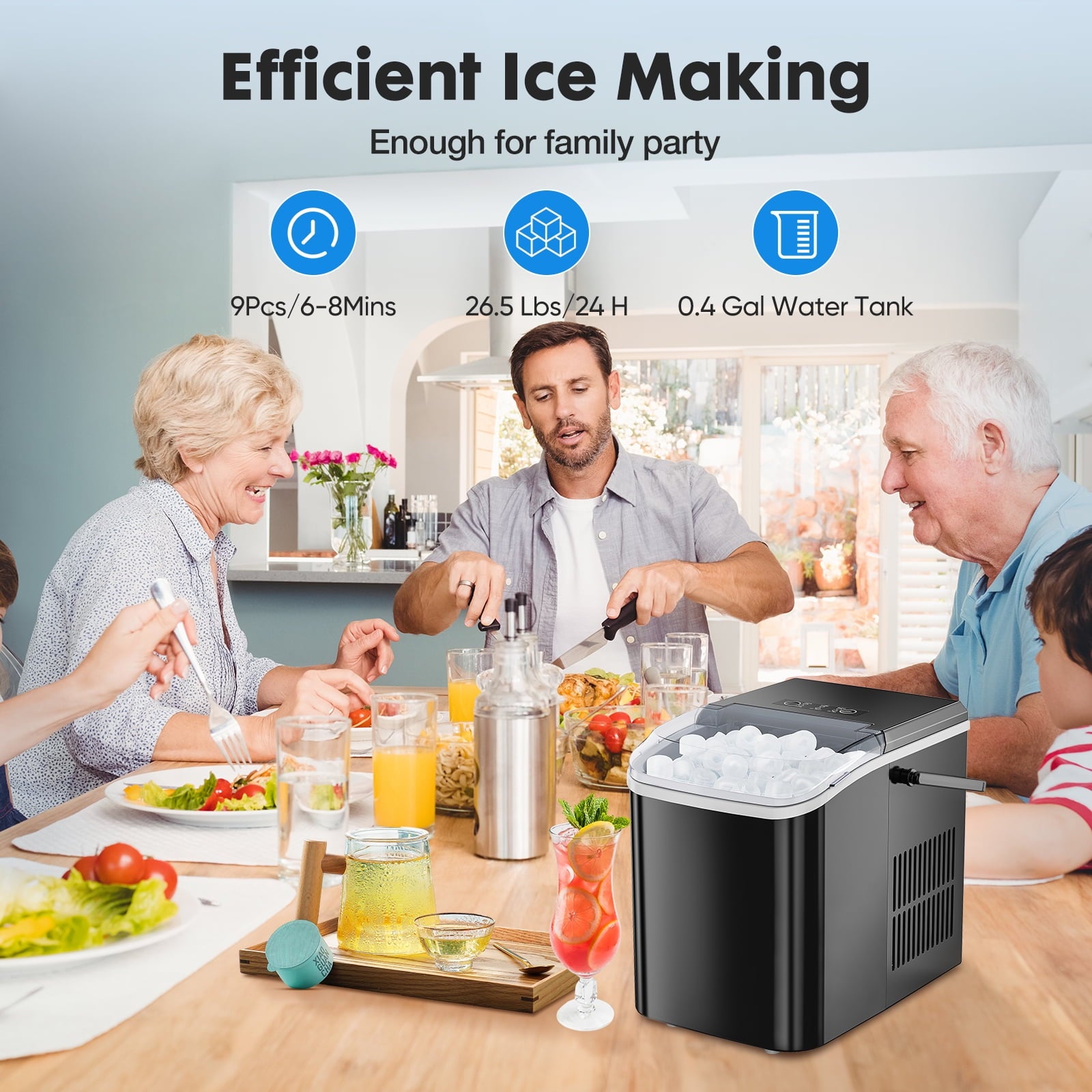 EDX Countertop Ice Maker, Self-Cleaning Portable Ice Maker Machine with Handle and Ice Scoop, Bullet Ice Cubes, 9Pcs/6Min 26.5Lbs/24H for Home/Kitchen/Bar/Party, Black