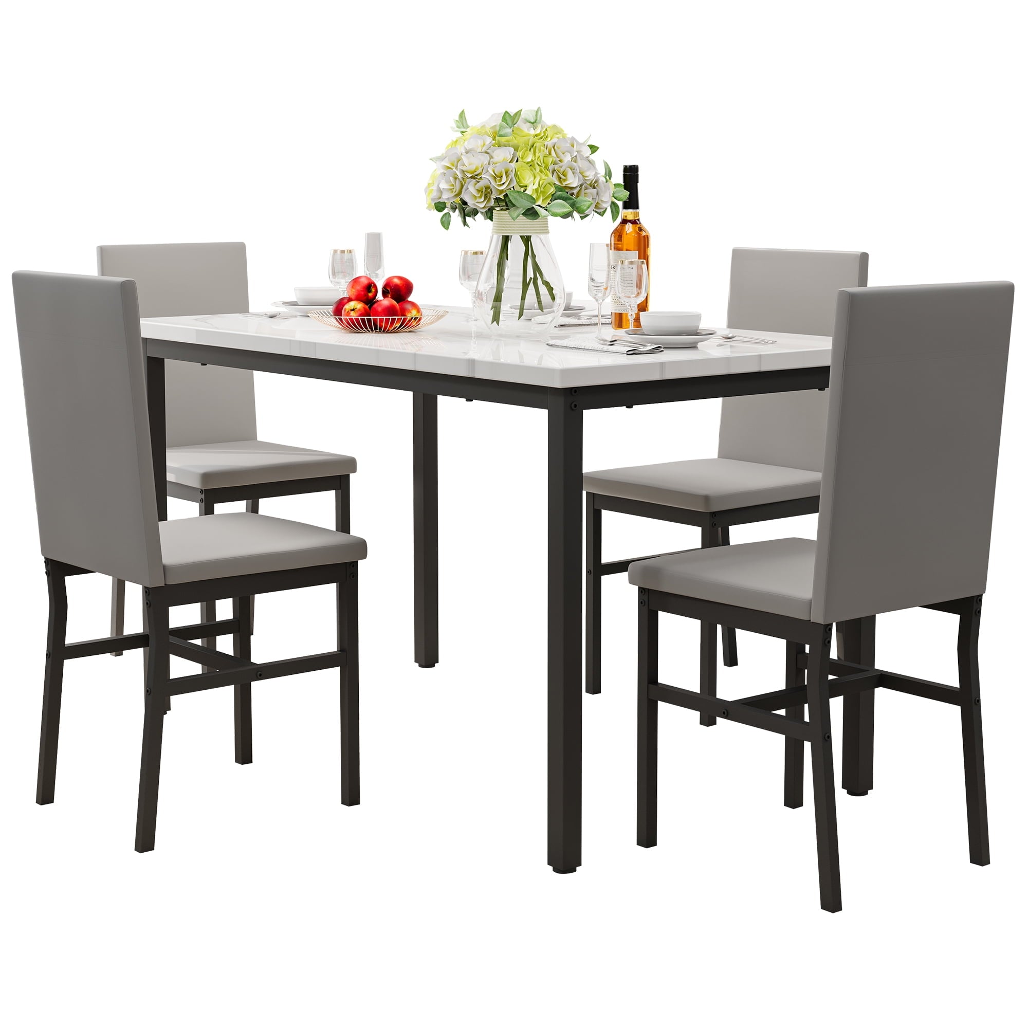 PAPROOS Dining Table Set for 4, Modern 5-Piece Kitchen Table Set with Faux Marble Top and Velvet Upholstery Chairs, Heavy Duty Dinette Sets for Breakfast Nook, Dining Room Table and Chairs, Gray