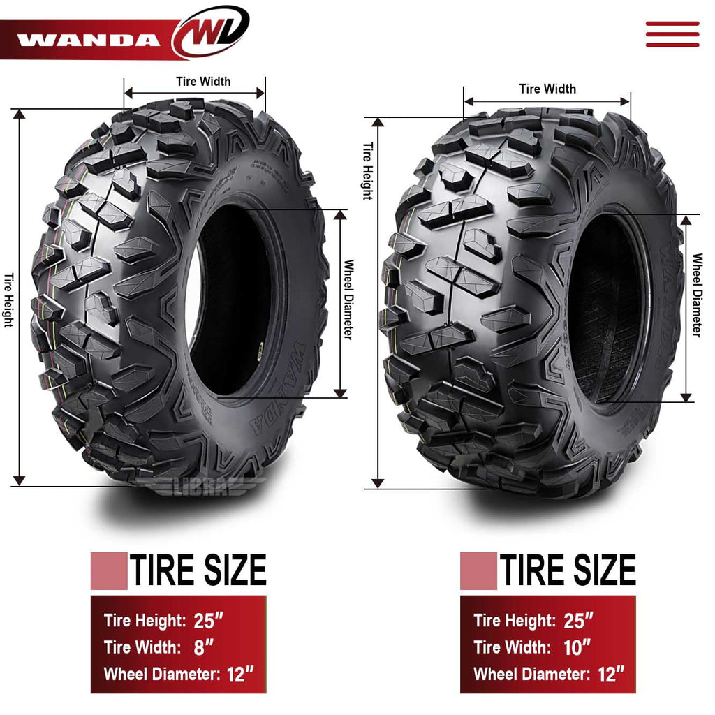 Wanda ATV/UTV Tires 25x8-12 Front & 25x10-12 Rear /6PR Big Horn Style 10375/10376, Set 4