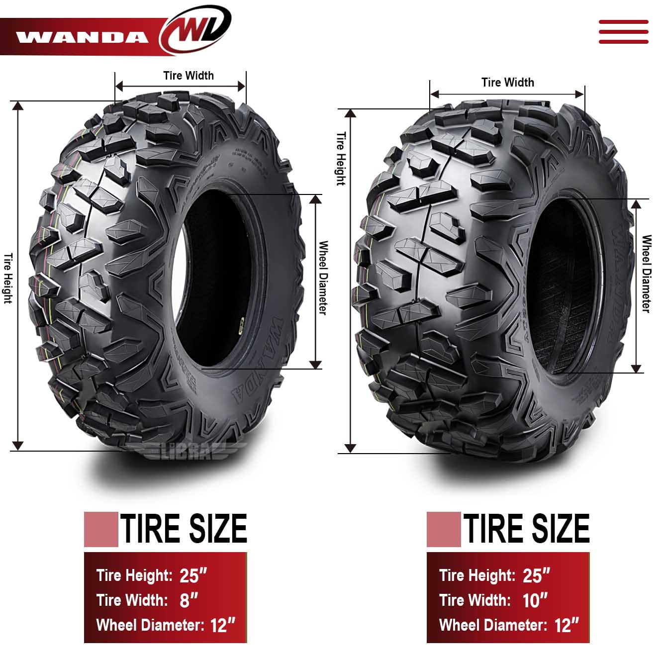 Wanda ATV/UTV Tires 25x8-12 Front & 25x10-12 Rear /6PR Big Horn Style 10375/10376, Set 4