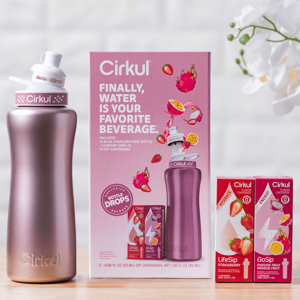 Cirkul 32oz Rose Gold Stainless Steel Water Bottle Starter Kit with Rose Gold Lid and 2 Flavor Cartridges (Strawberry & Passion Fruit Dragon Fruit)