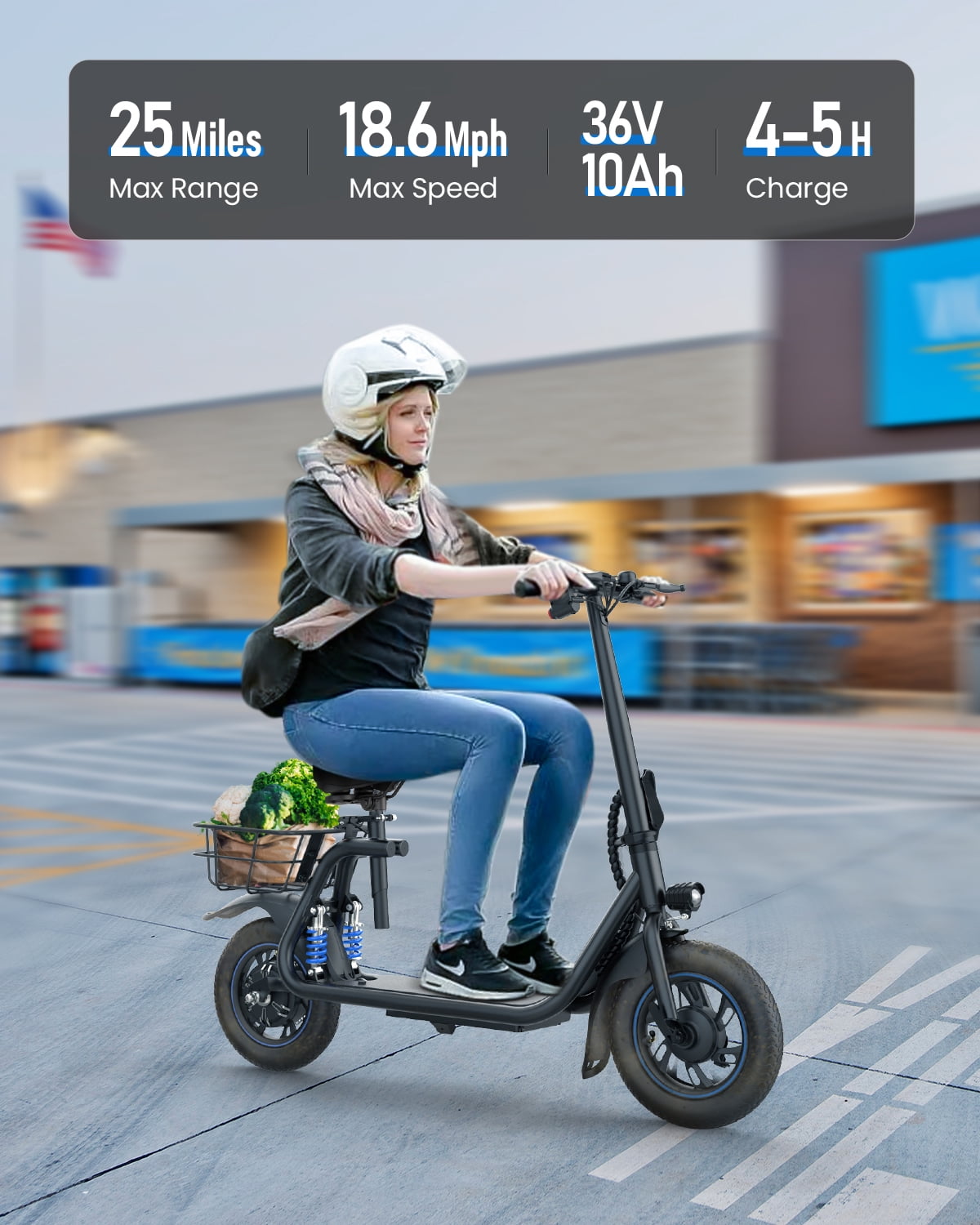 Kistp 450W Electric Scooter with Seat for Adult, 12 inch Commuter Electric Scooter with Basket - up to 21 Miles 15.5MPH