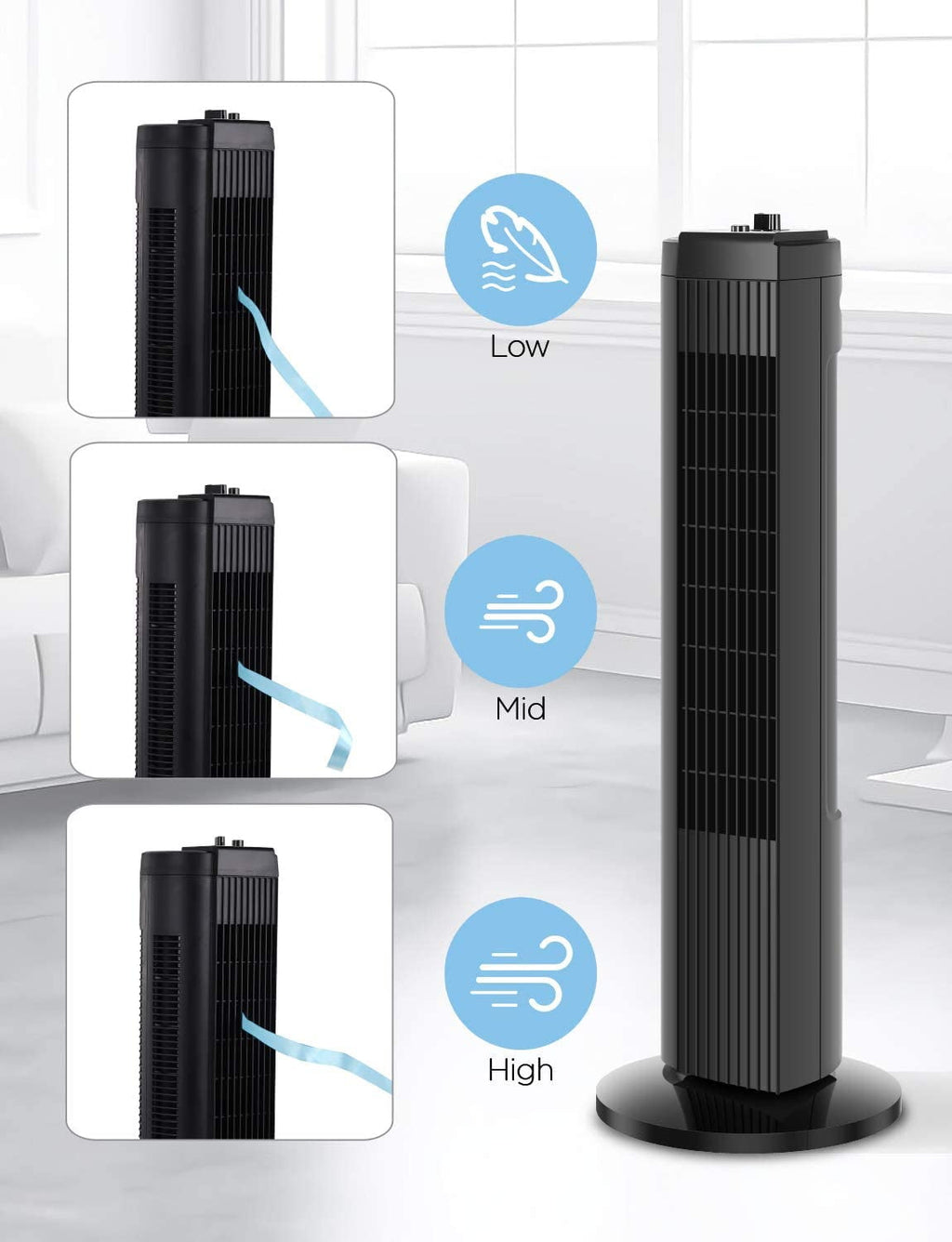Mainstays 28" Tall, 3-Speed Oscillating Tower Fan, FZ10-19MB, New, Black