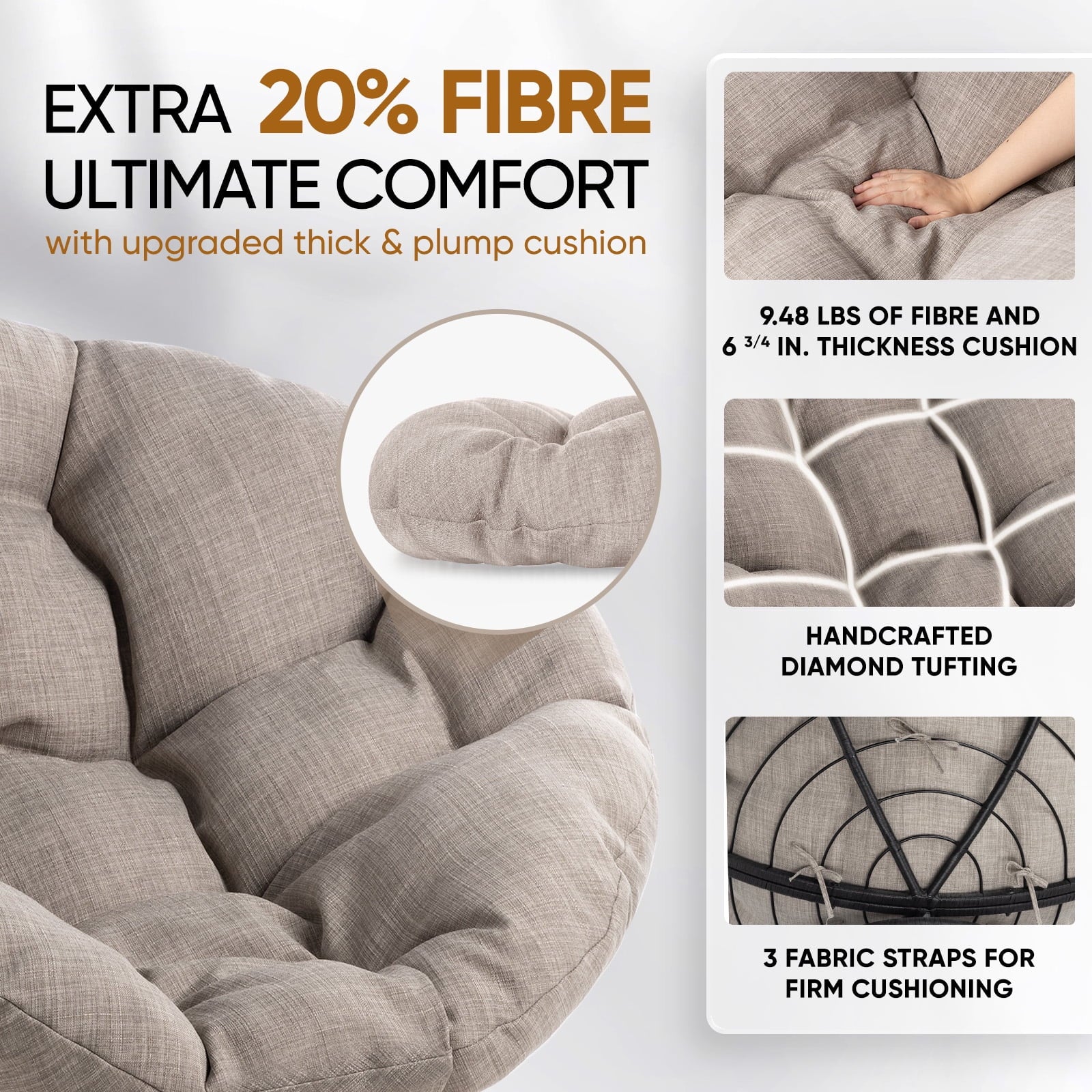 Bme 360 Swivel Comfy Papasan Chair with Fabric Cushion, Sturdy Metal Frame (Cream Vanilla - Black Frame)