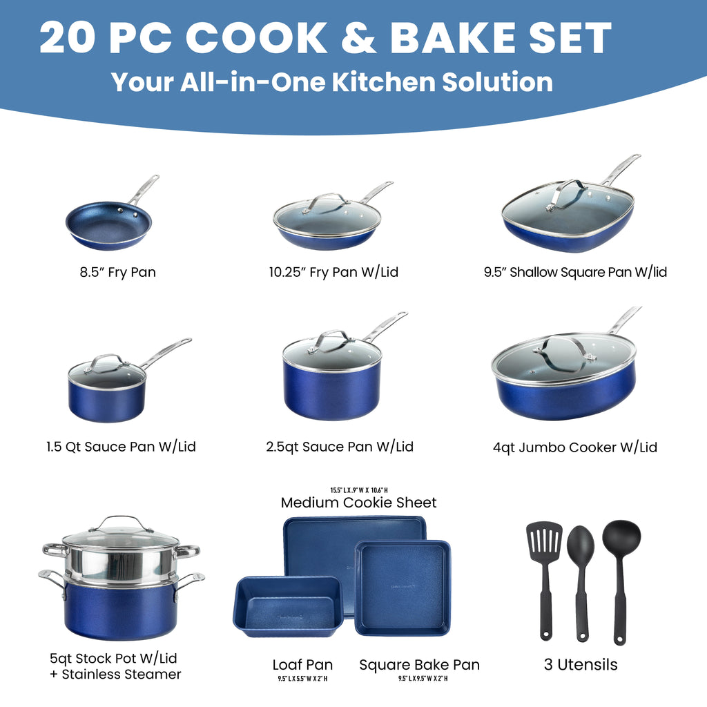 Granite Stone Pots and Pans Set 20 Piece Complete Cookware Bakeware Set Nonstick Dishwasher Oven Safe Blue