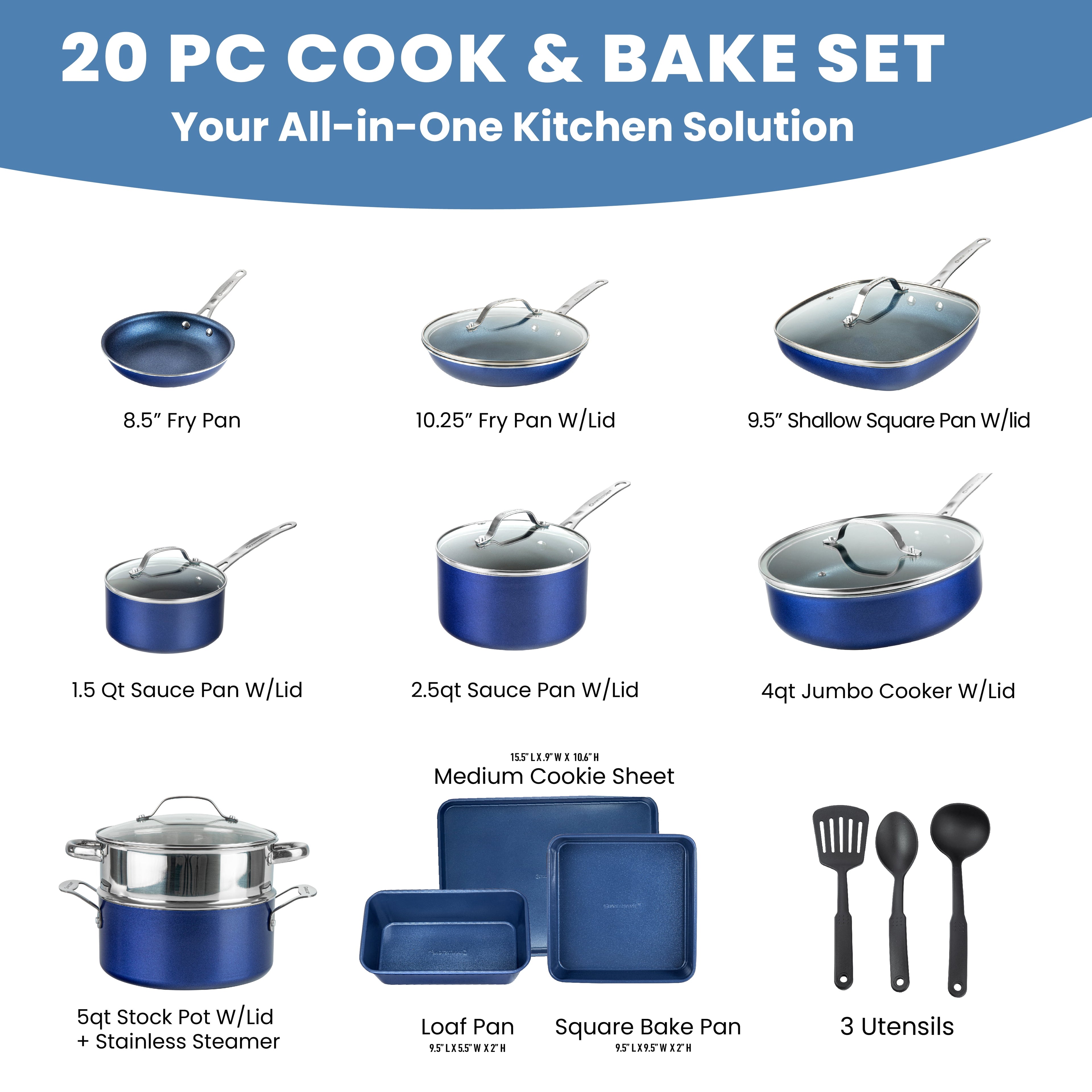 Granite Stone Pots and Pans Set 20 Piece Complete Cookware Bakeware Set Nonstick Dishwasher Oven Safe Blue