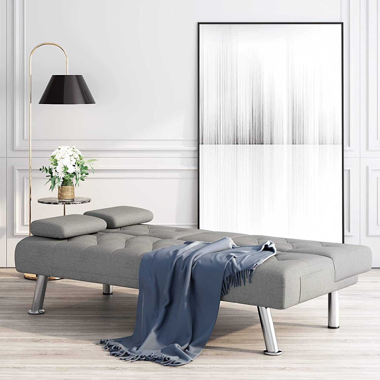 Homfa Convertible Futon Sofa Bed, 66.3'' Upholstered Removable Armrests,Gray Finish