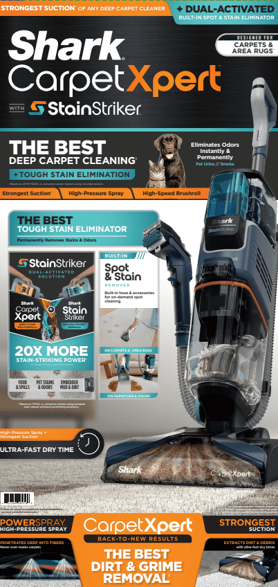 Shark CarpetXpert with StainStriker, Upright Carpet & Upholstery Cleaner, Built-in Spot & Stain Eliminator, Deep Cleaning & Tough Stain Removal, Carpet Shampooer, Navy, EX200