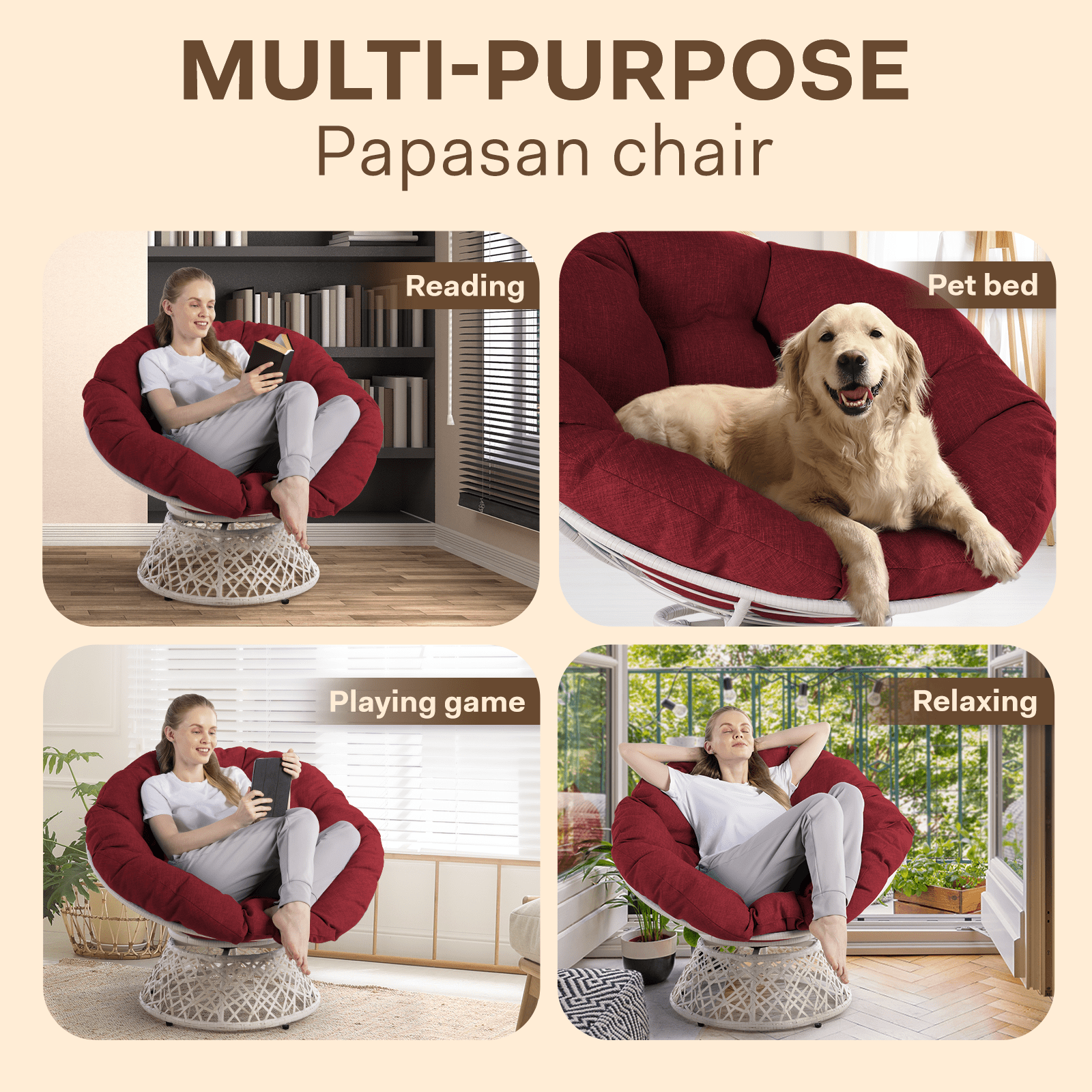 Bme 360 Swivel Comfy Papasan Chair with Fabric Cushion, Sturdy Metal Frame (Cream Vanilla - Black Frame)