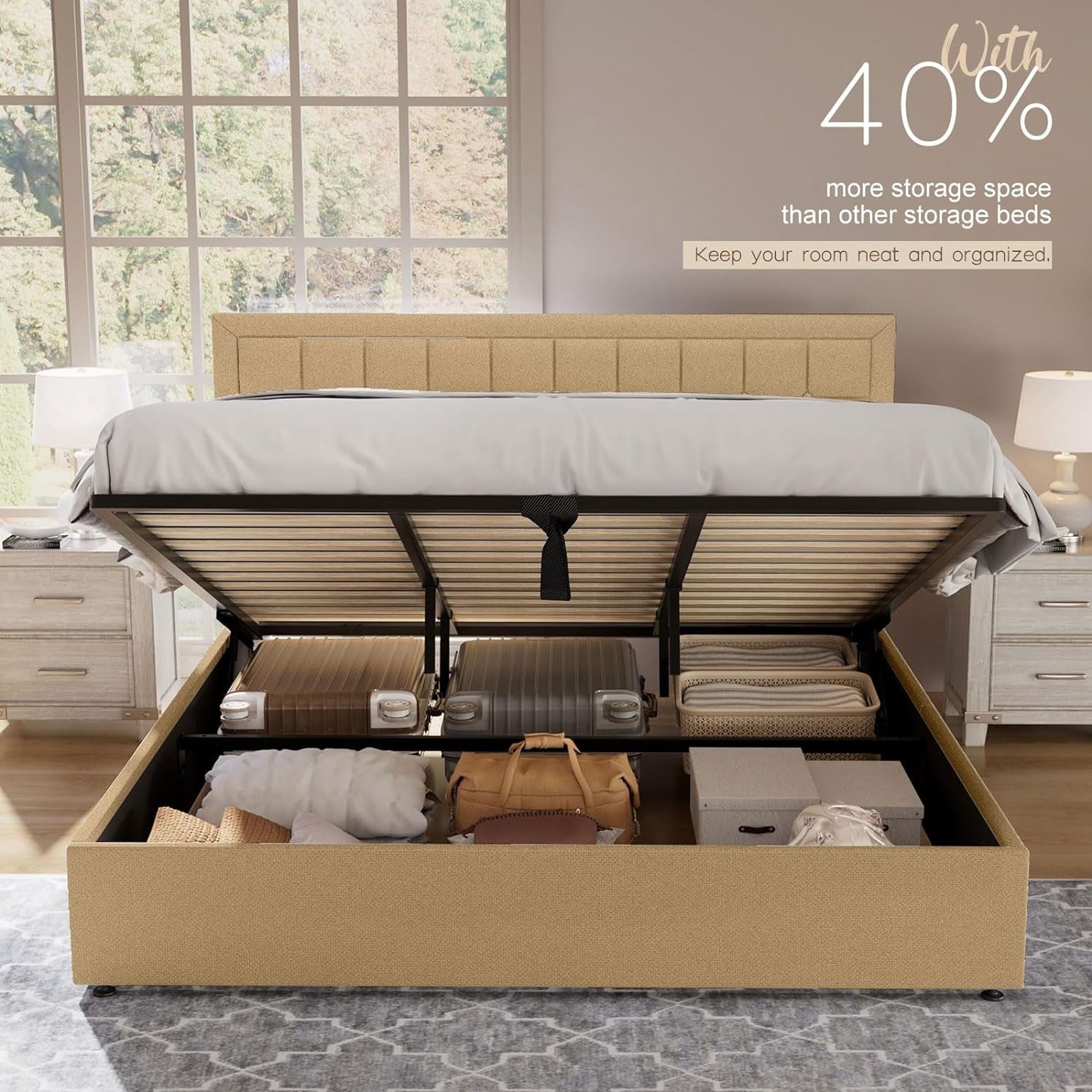 Jocisland King Size Lift Up Storage Bed Frame, Upholstered Platform Bed Frame Button Tufted Headboard/White