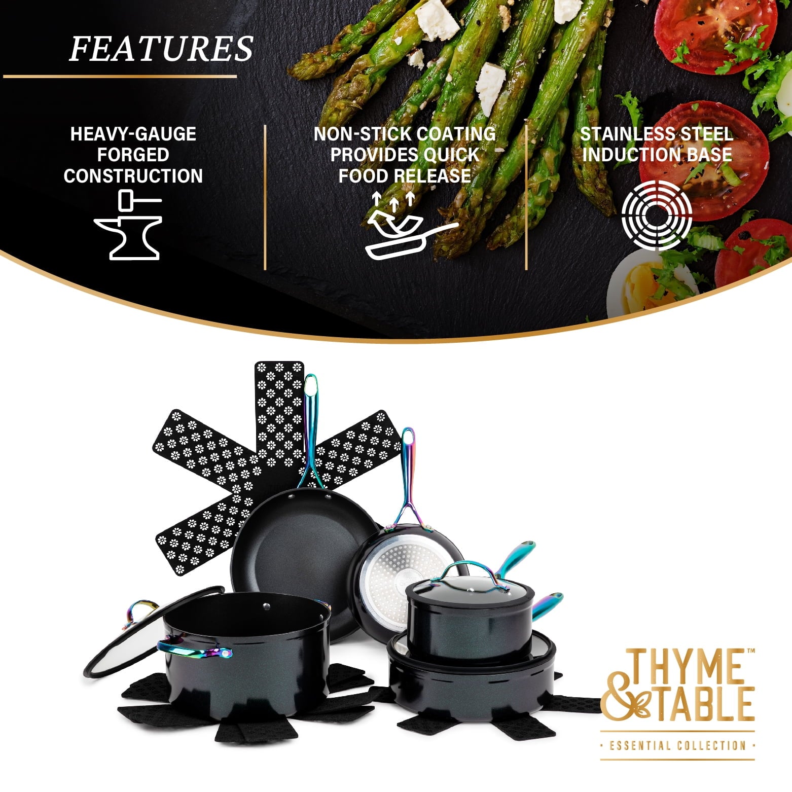 Thyme & Table Non-Stick 12-Piece Signature Cookware Set, Black & Gold