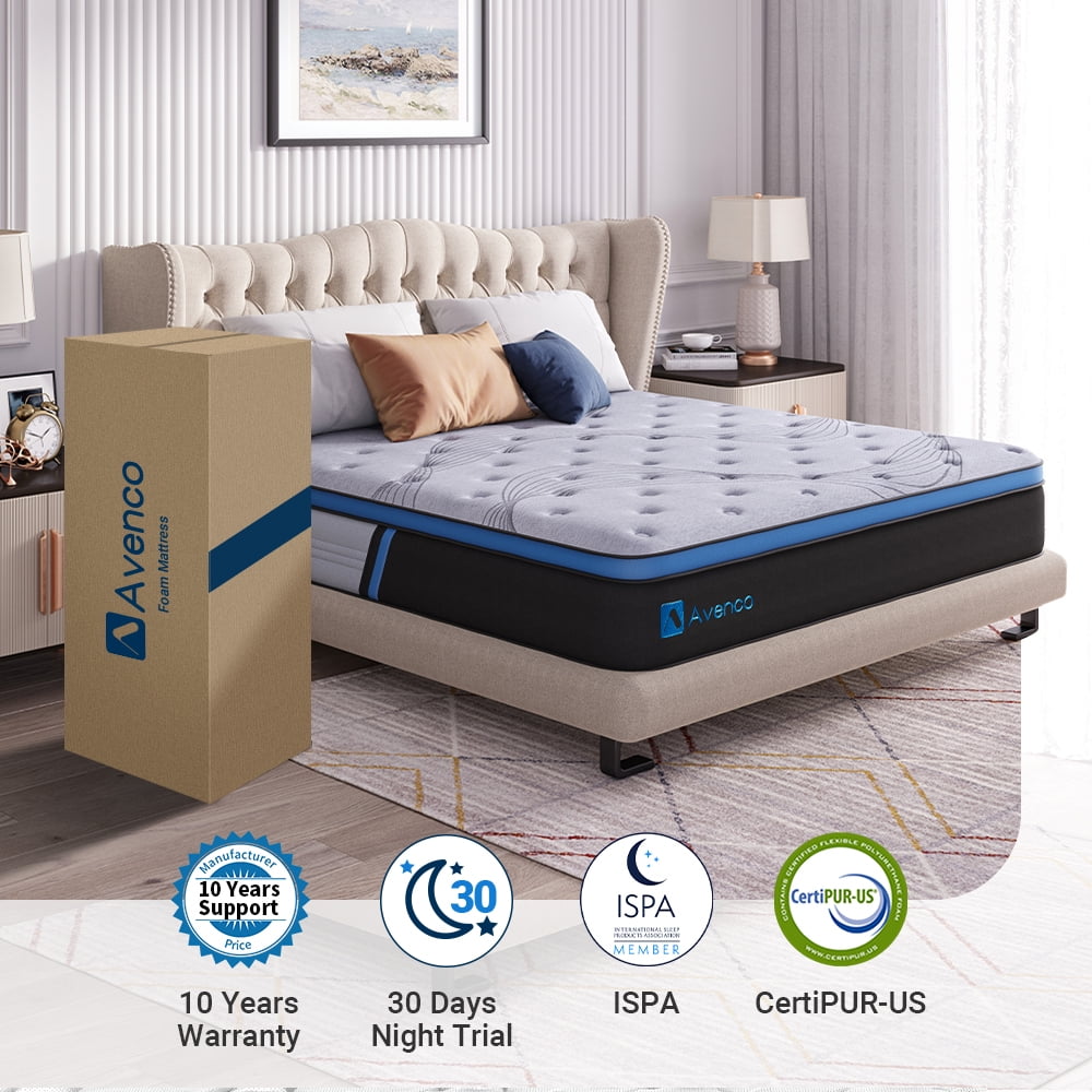 Avenco Queen Size Firm, 12-Inch Hybrid Mattress in a Box, Innerspring and Gel Memory Foam, Gray, Pillow Top