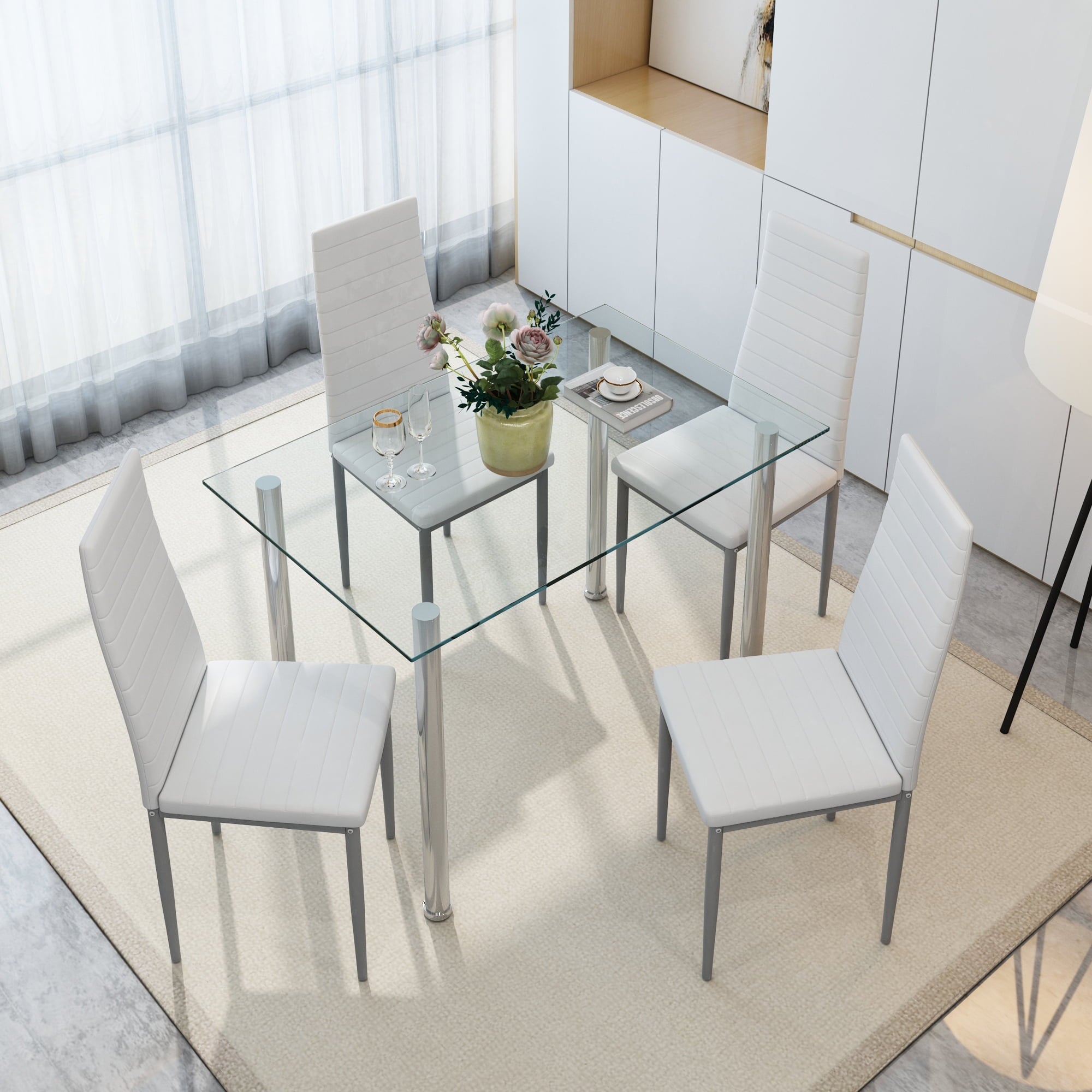 PAPROOS Dining Table Set for 4, Modern 5-Piece Kitchen Table Set with Faux Marble Top and Velvet Upholstery Chairs, Heavy Duty Dinette Sets for Breakfast Nook, Dining Room Table and Chairs, Gray